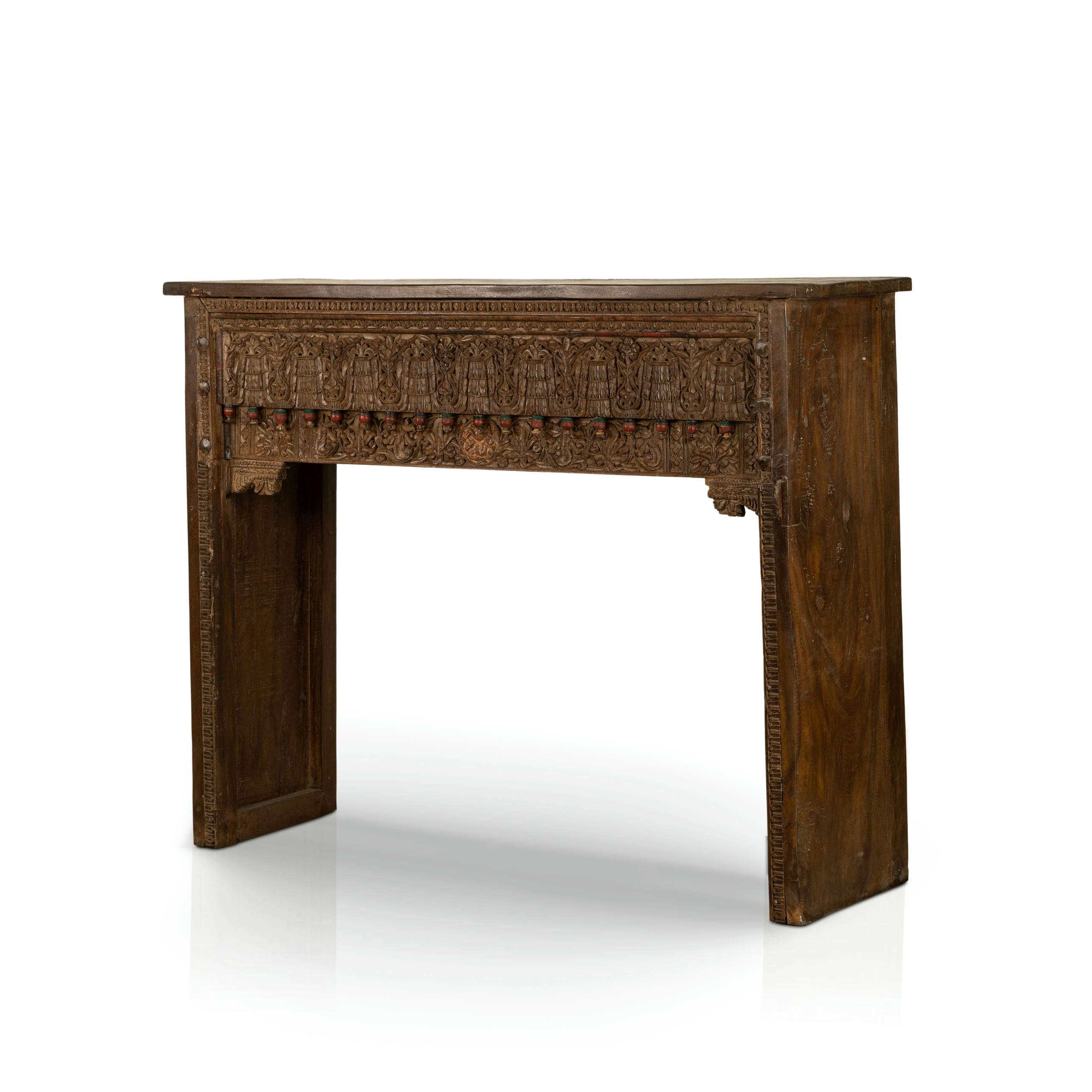 Carved Wood Antique Low Console with Figurative Relief