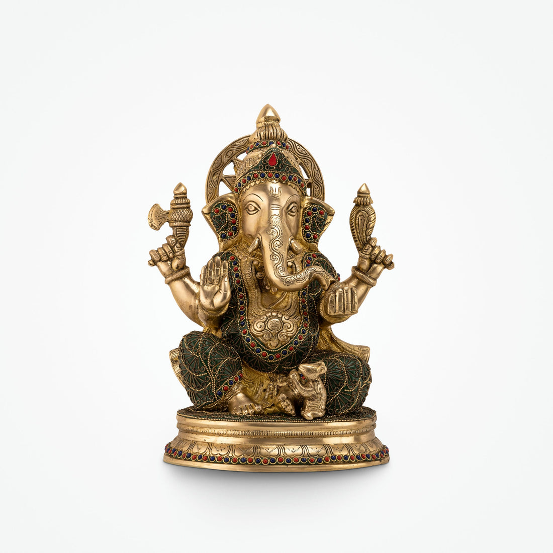 Stone Inlay Brass Ganesha Statue with lapis and coral mosaic for a home altar. 