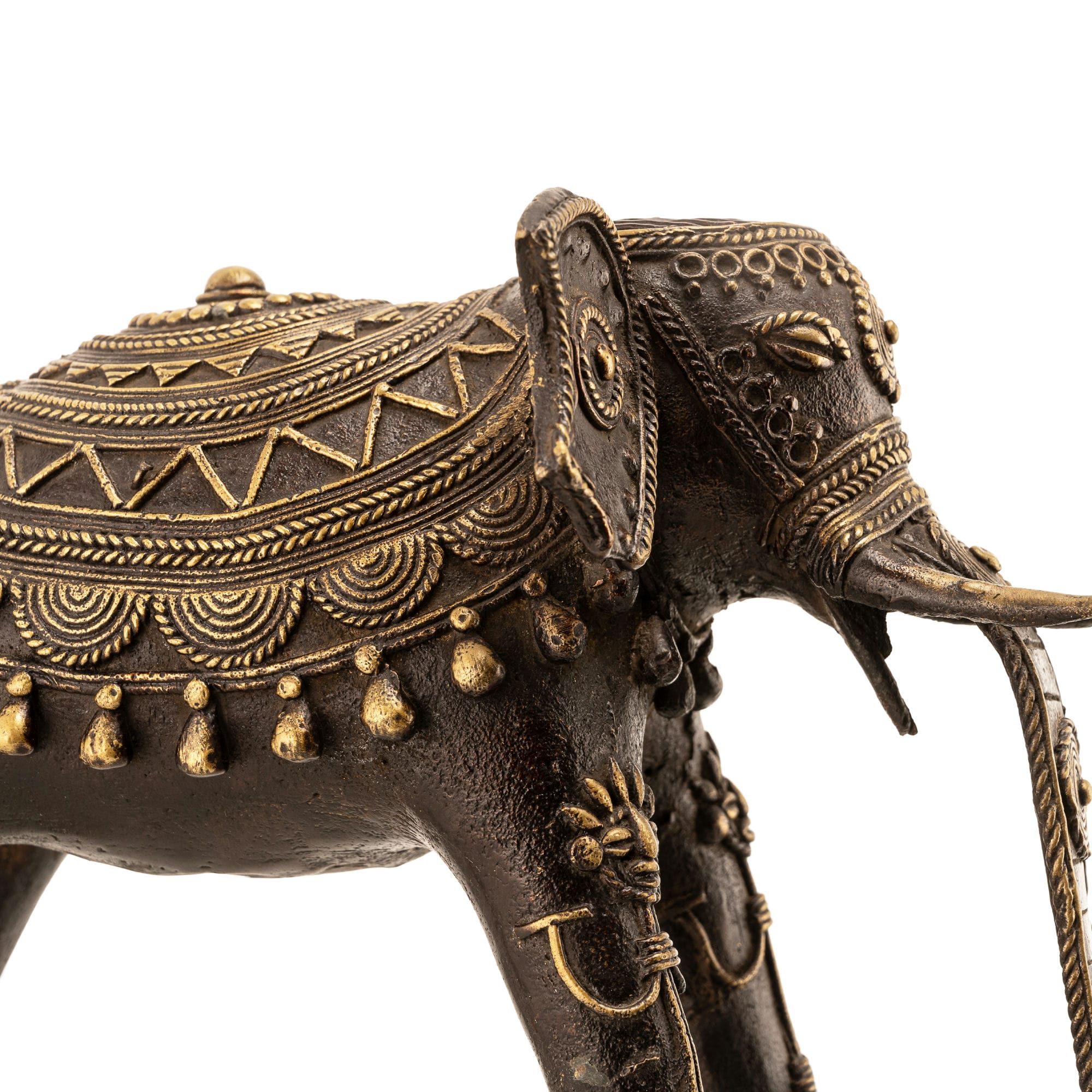 Contemporary Indian metal animal figurine with a sweeping curled trunk 