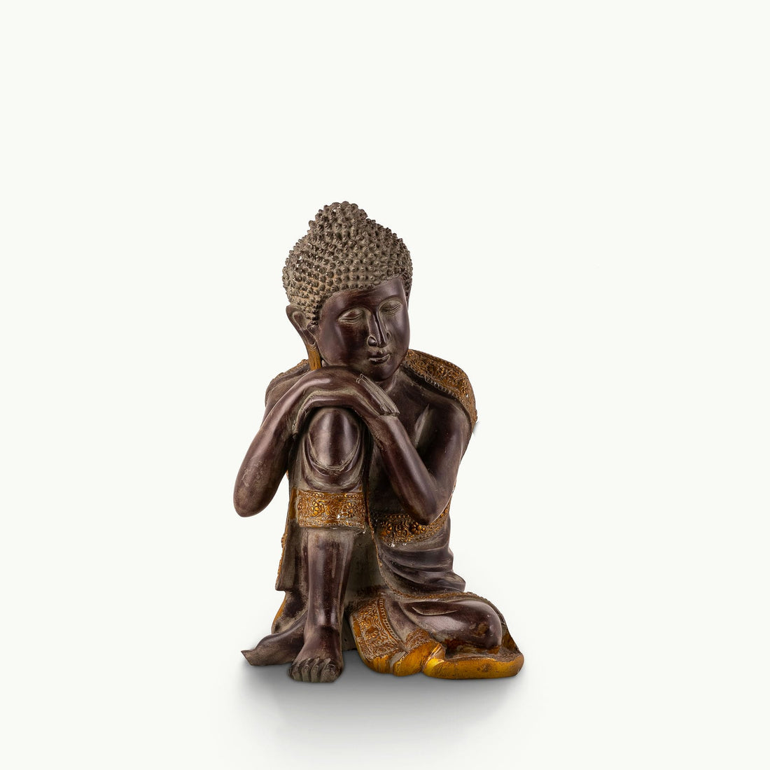 Dark Brass Resting Buddha Statue with a head on its knee for a low minimalist console.