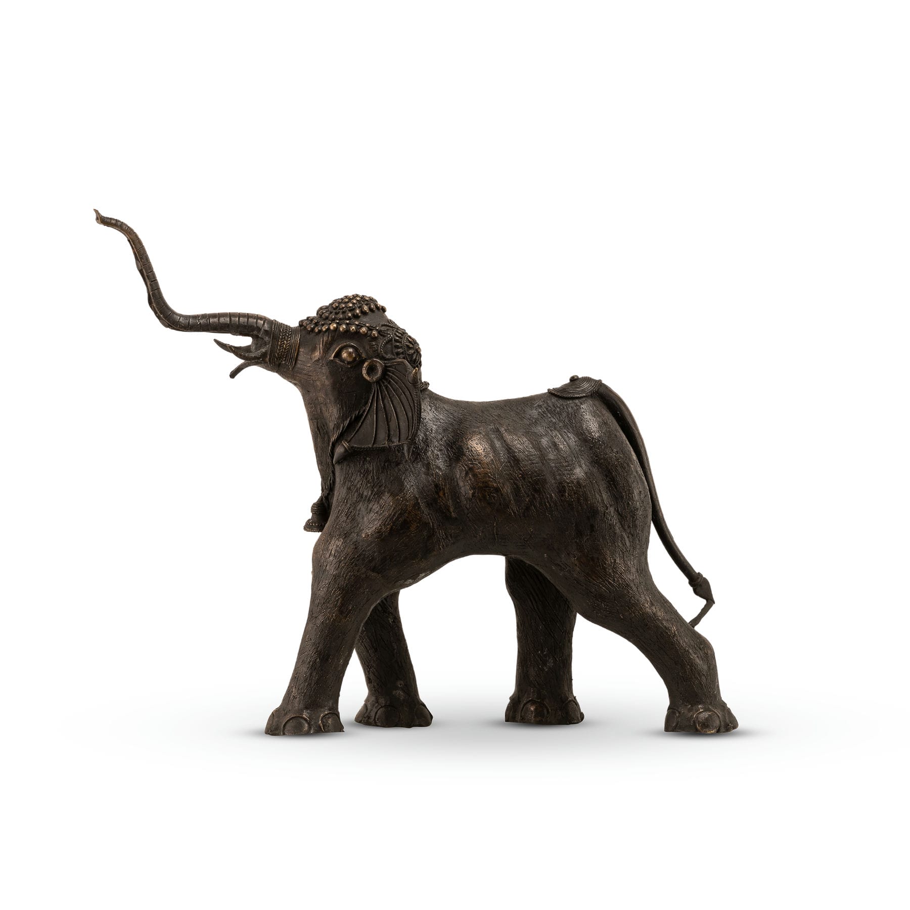 Oxidised Brass Elephant Statue mid-stride with raised trunk on a living room credenza. 