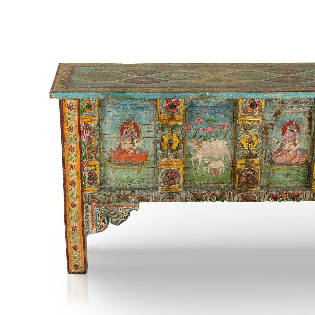 Painted Wood Distressed Antique Low Cabinet with Devotional Panels