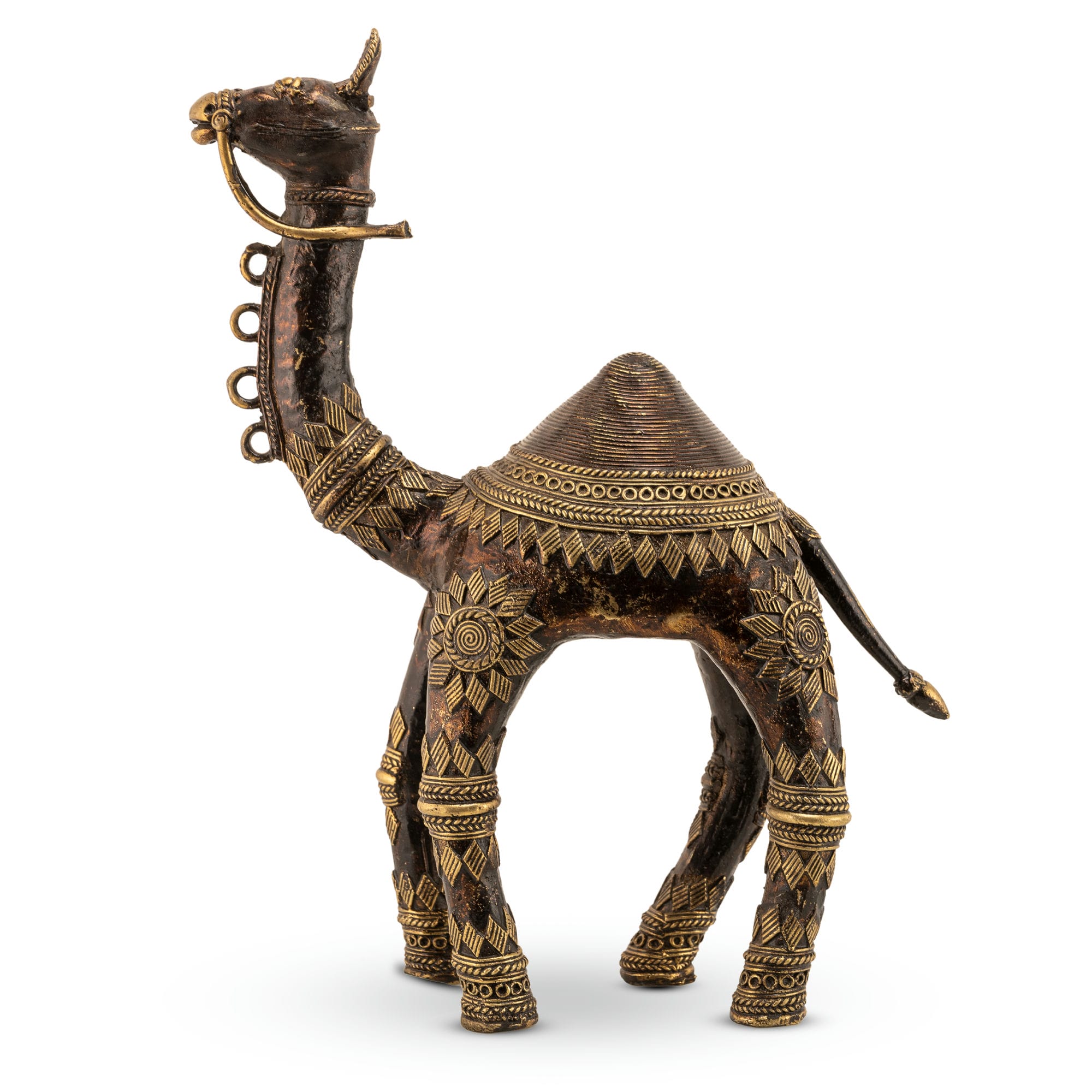 Rajasthani metal animal art featuring polished gold-tone sunburst motifs for an executive desk or corporate gifting.