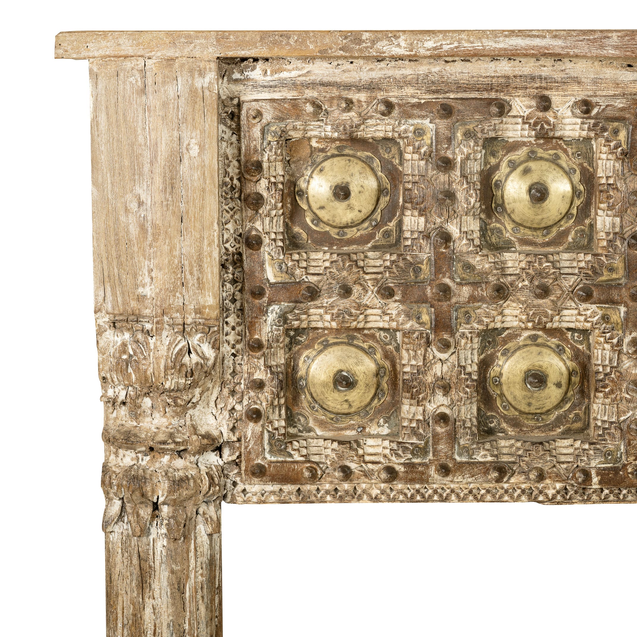 Distressed Wood Rustic Console with Brass Medallions