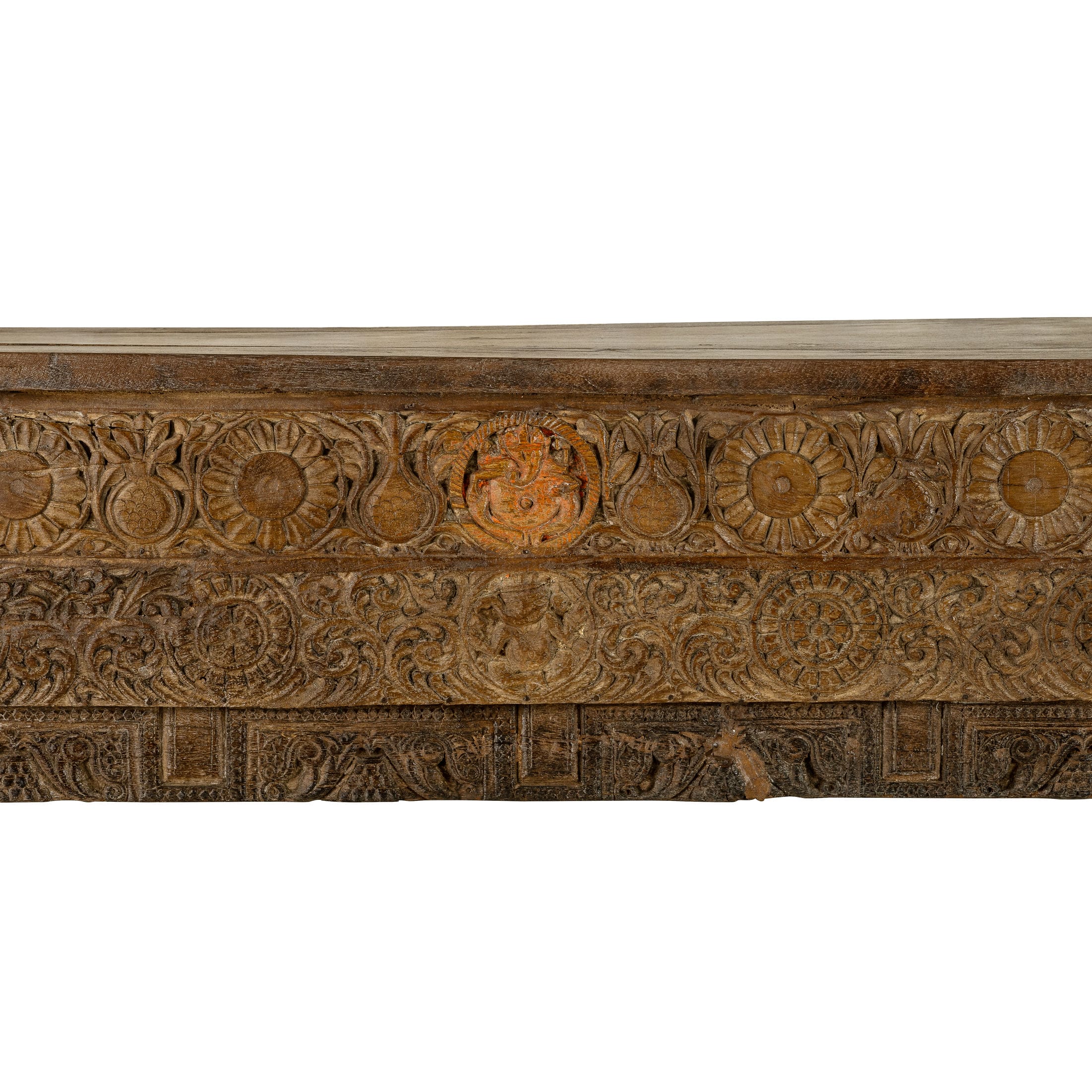 Carved Wood Antique Low Console with Floral Relief and Central Medallion