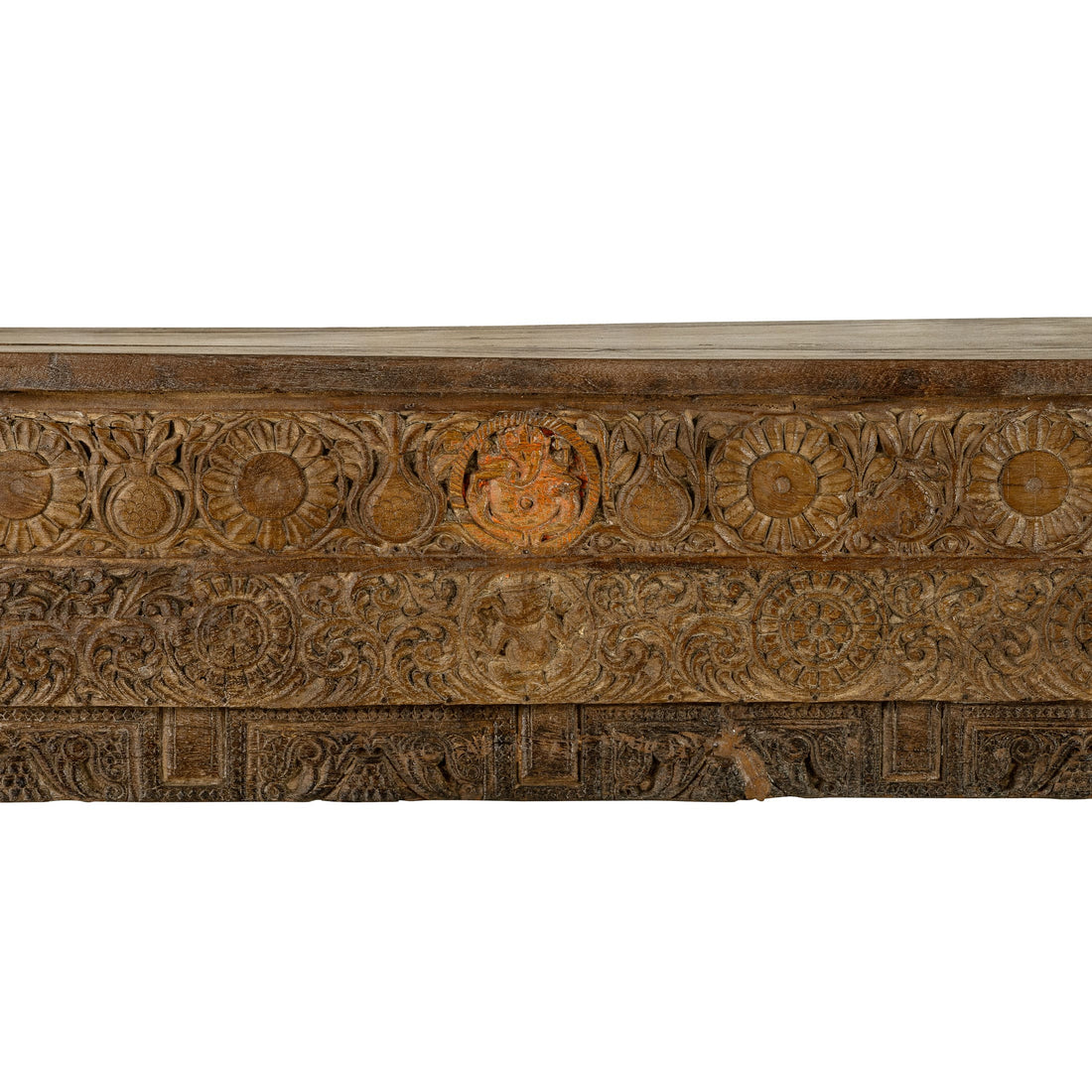 Carved Wood Antique Low Console with Floral Relief and Central Medallion