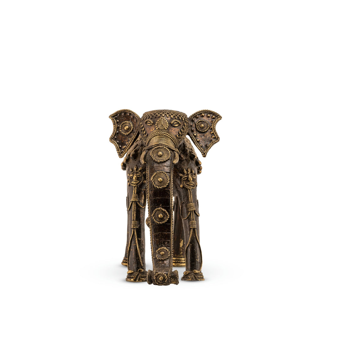 Indian metal ceremonial beast decor featuring a stylized elongated trunk for a wide wooden bookshelf or traditional home decor.