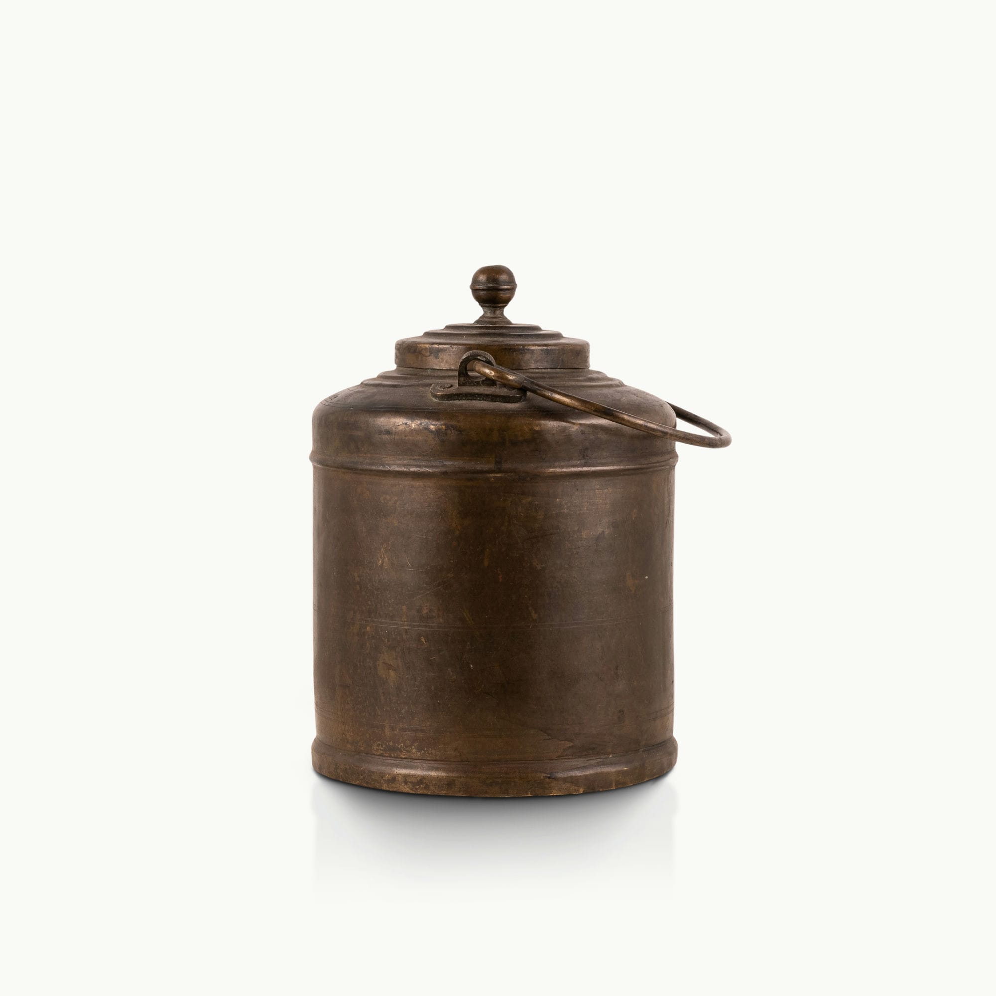 Antique Brass Canister with Handle and a drop-in lid for a reclaimed wood sideboard.