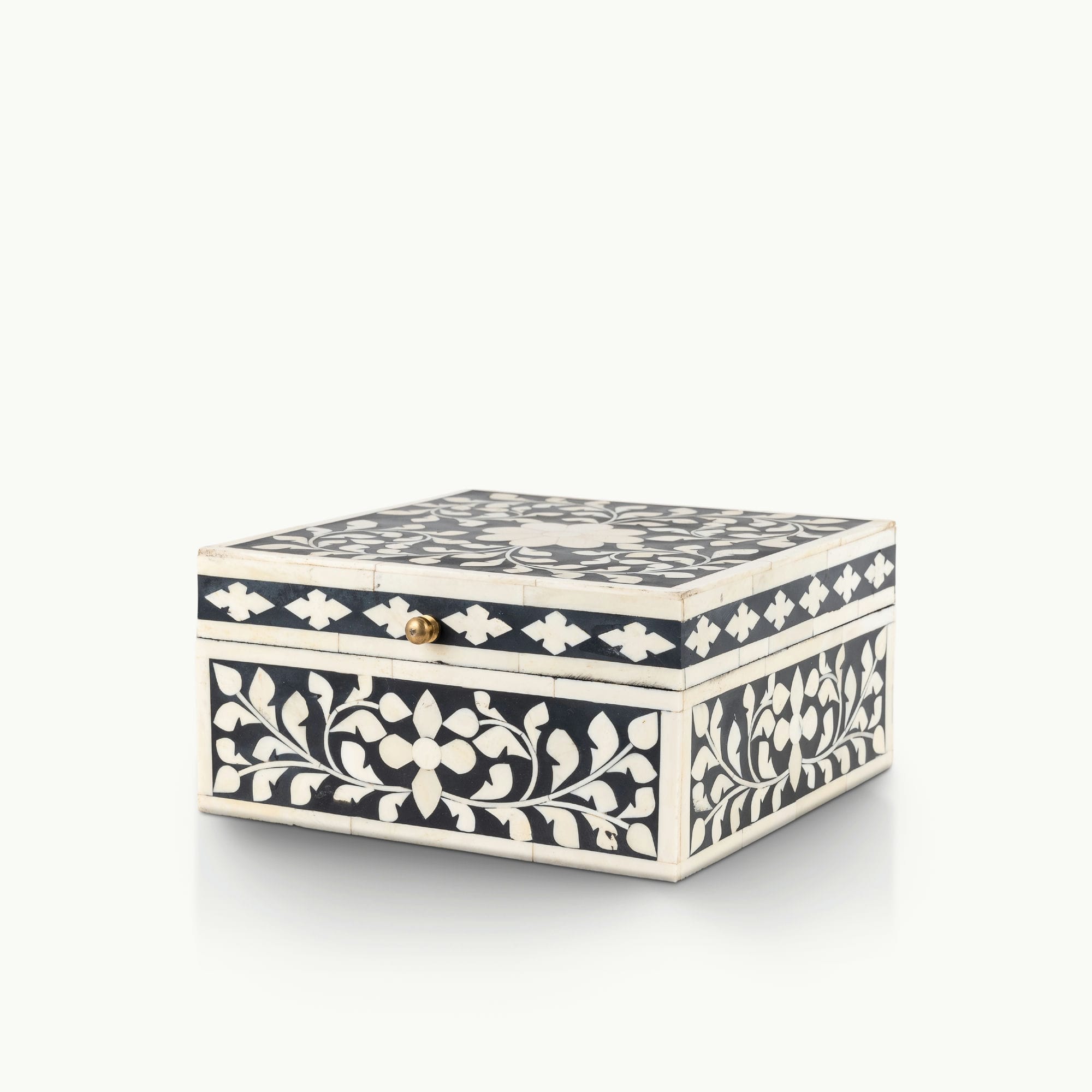 Bone/Resin Composite Square Black and White Floral Inlay Box