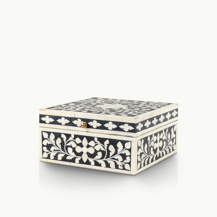 Bone/Resin Composite Square Black and White Floral Inlay Box