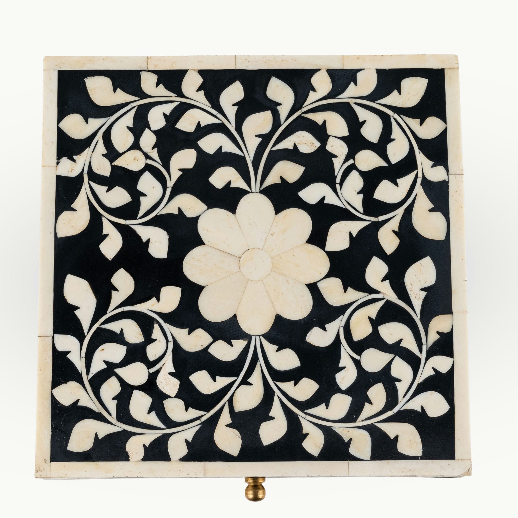 Bone/Resin Composite Square Black and White Floral Inlay Box