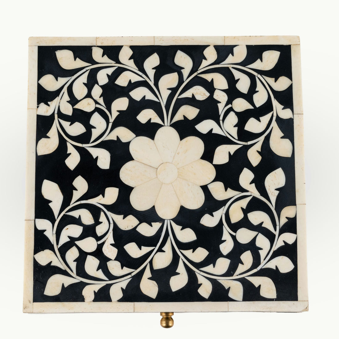 Bone/Resin Composite Square Black and White Floral Inlay Box