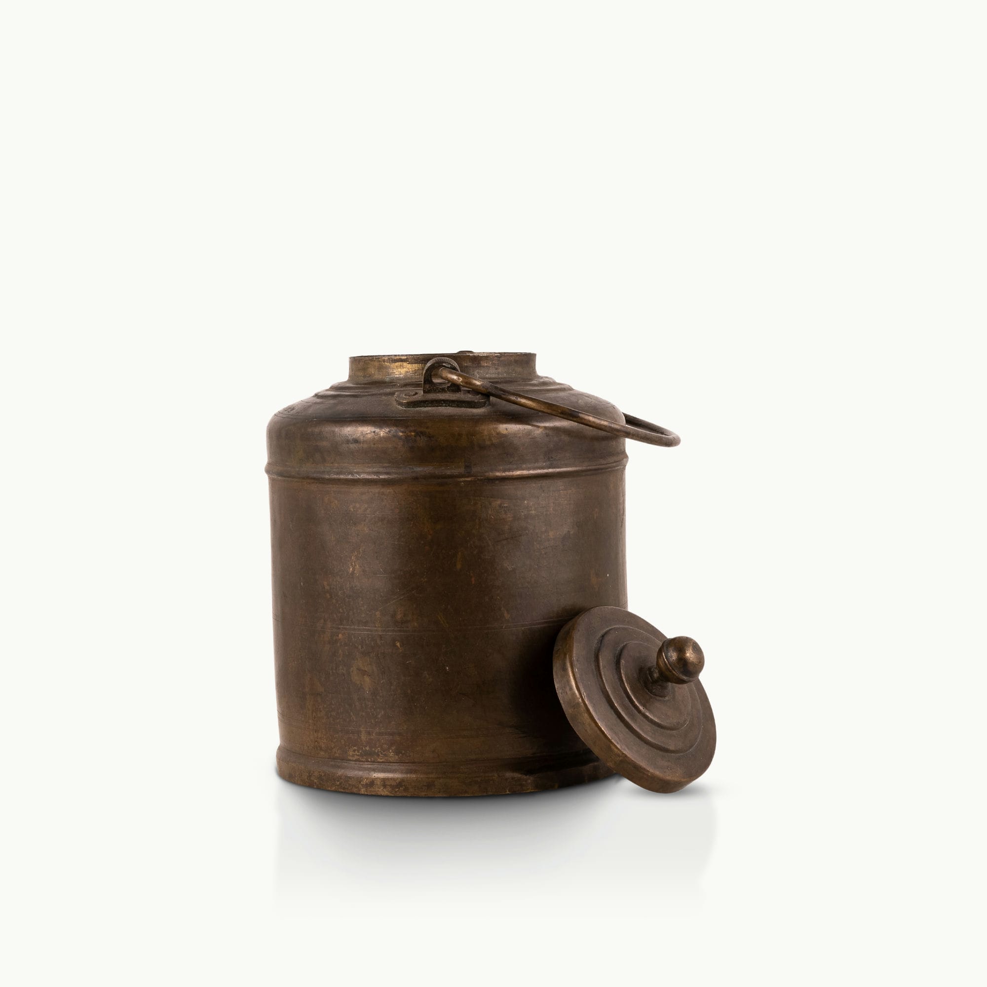 Antique Brass Canister with Handle and a drop-in lid for a reclaimed wood sideboard.