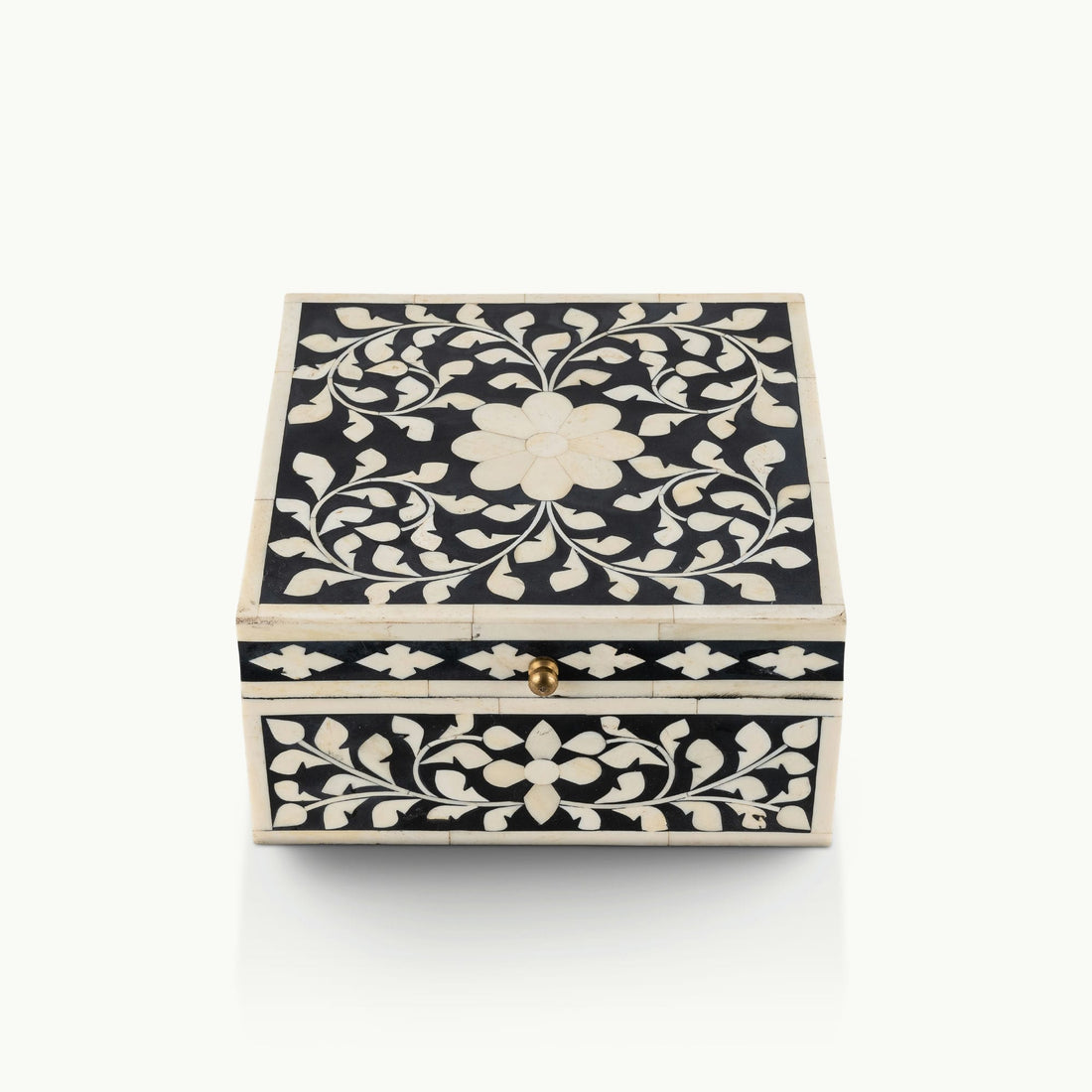 Bone/Resin Composite Square Black and White Floral Inlay Box