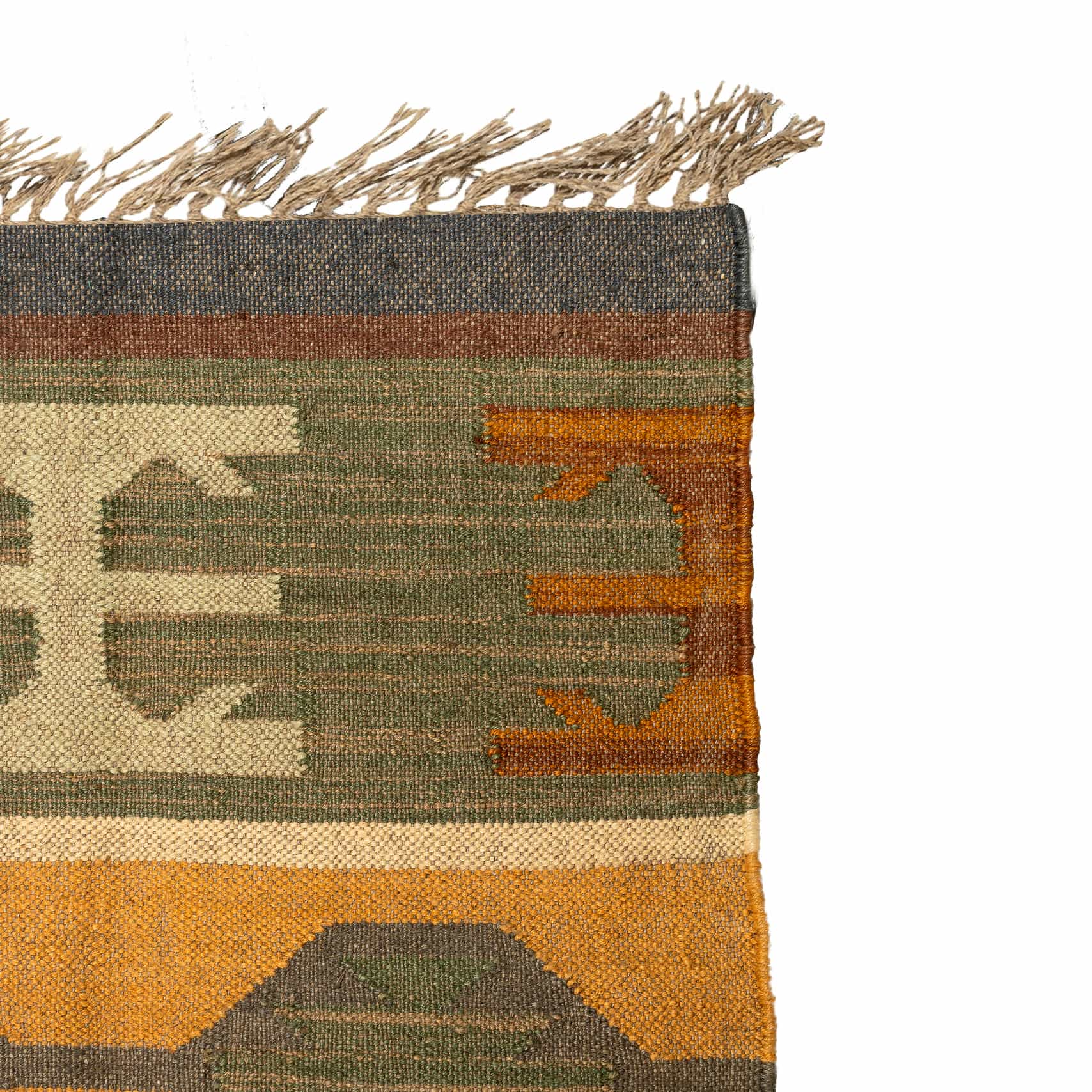 Artisan Handwoven Wool Jute Rug | Geometric Moroccan Kilim | Earthy Olive, Charcoal & Natural