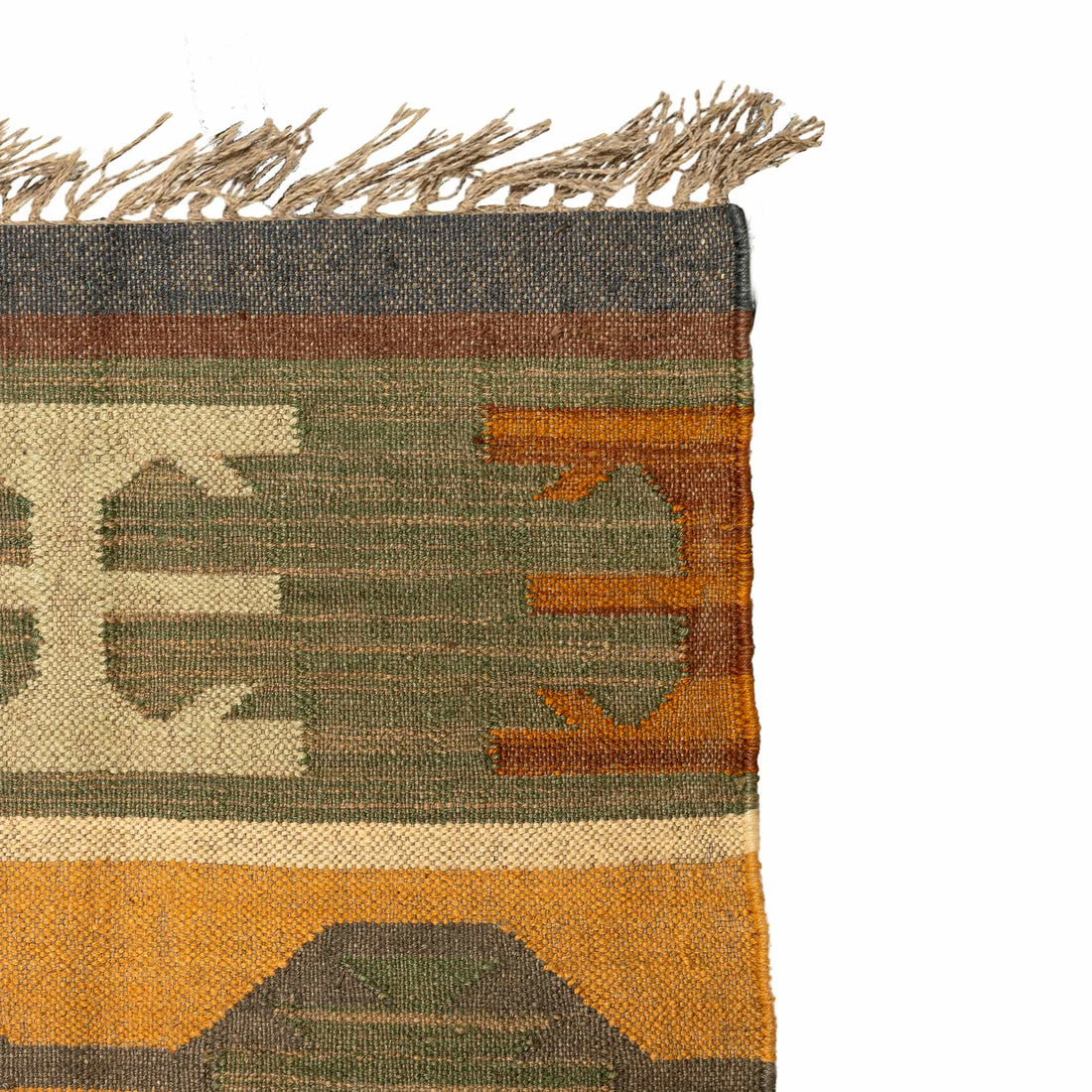 Artisan Handwoven Wool Jute Rug | Geometric Moroccan Kilim | Earthy Olive, Charcoal & Natural