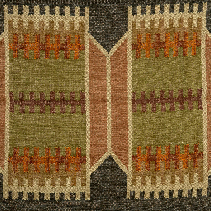 Artisan Handwoven Wool Jute Rug | Geometric Moroccan Kilim | Earthy Olive, Charcoal & Natural