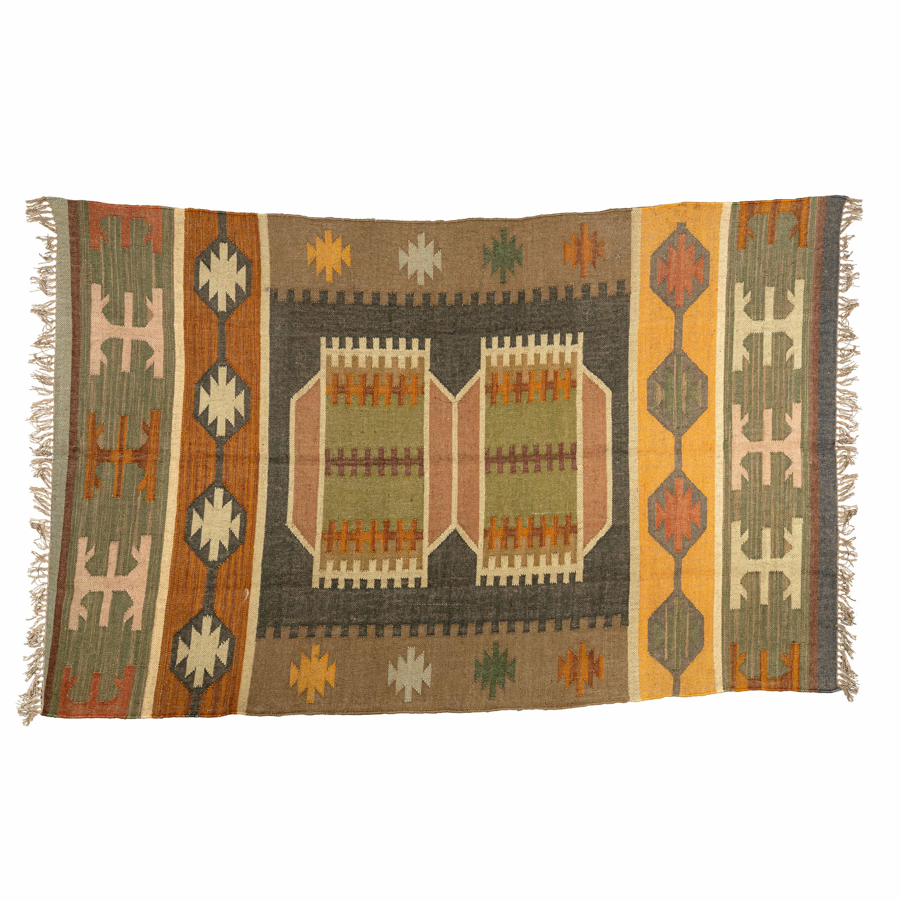 Artisan Handwoven Wool Jute Rug | Geometric Moroccan Kilim | Earthy Olive, Charcoal & Natural