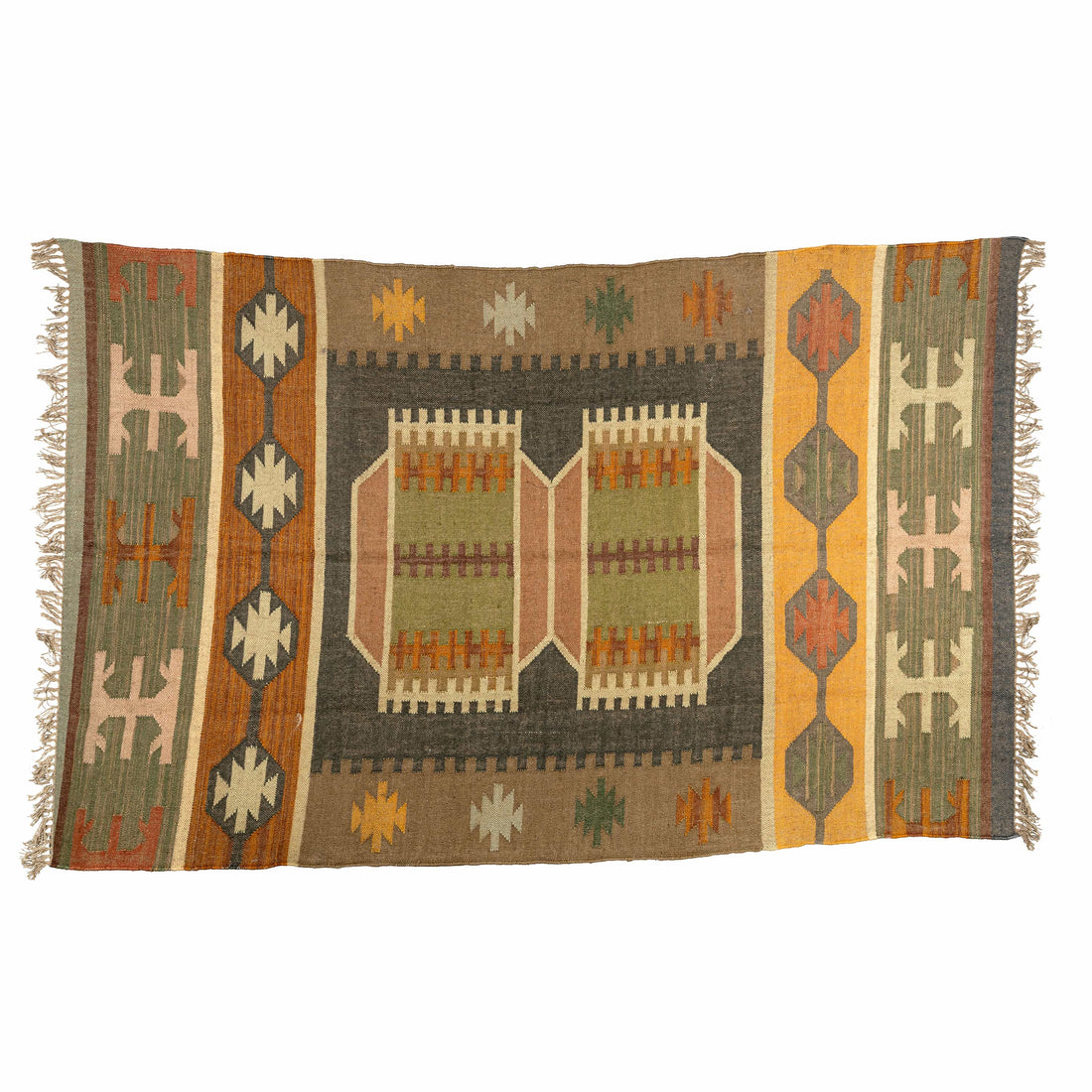 Artisan Handwoven Wool Jute Rug | Geometric Moroccan Kilim | Earthy Olive, Charcoal & Natural