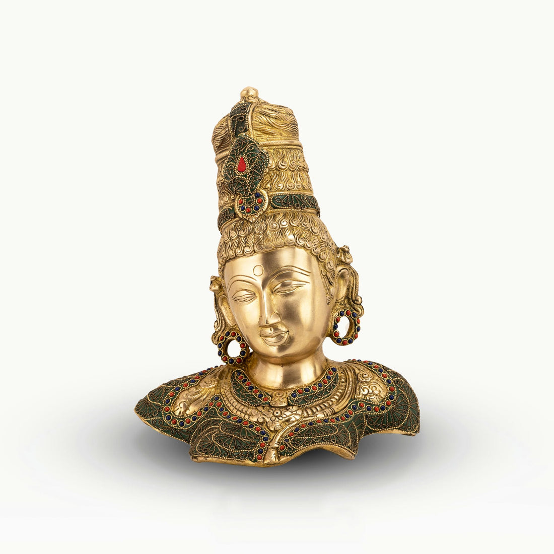 Stone Inlay Brass Goddess Sculpture functioning as a regal centerpiece on an entryway console. 