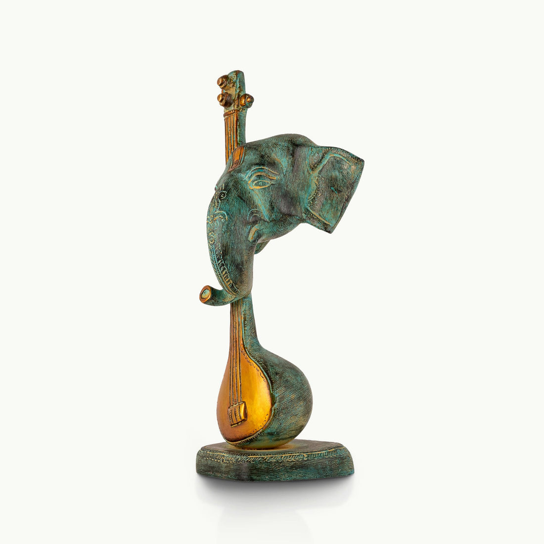 Verdigris Musical Elephant Sculpture on a classical stringed instrument for a console.