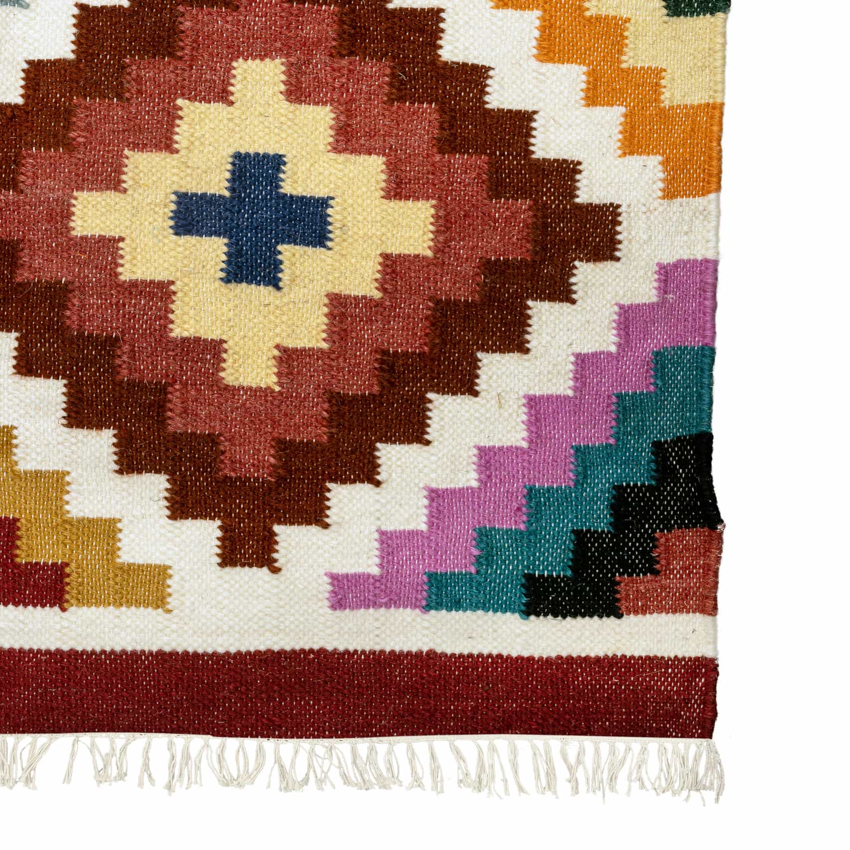 Handwoven Geometric Cotton Wool Rug - Vibrant Multi-Colour Diamond Pattern