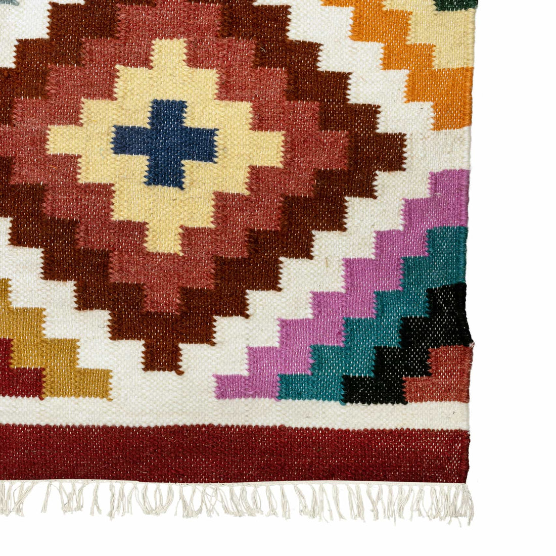 Handwoven Geometric Cotton Wool Rug - Vibrant Multi-Colour Diamond Pattern