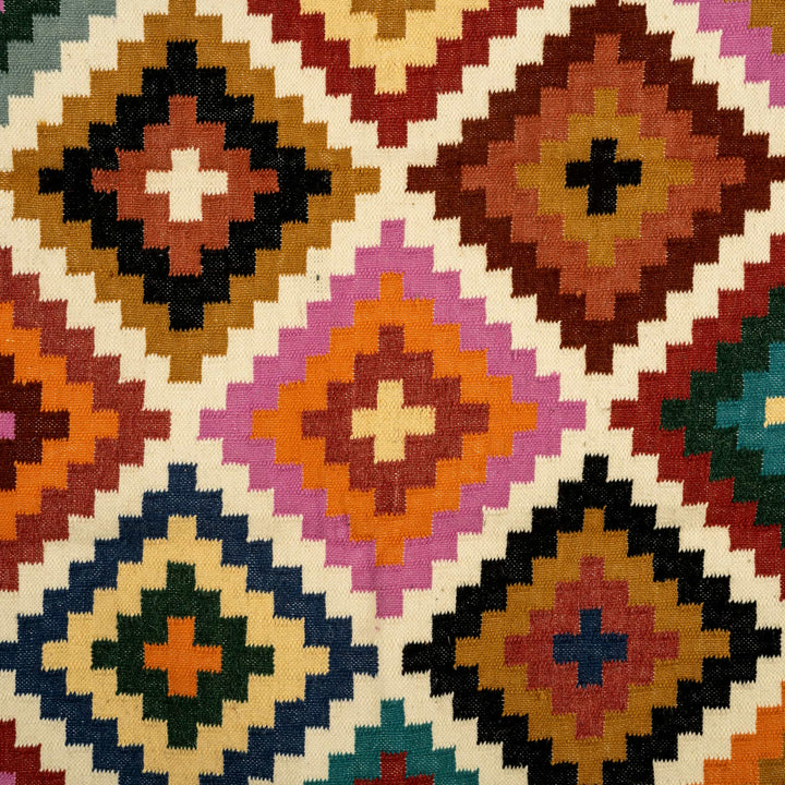 Handwoven Geometric Cotton Wool Rug - Vibrant Multi-Colour Diamond Pattern