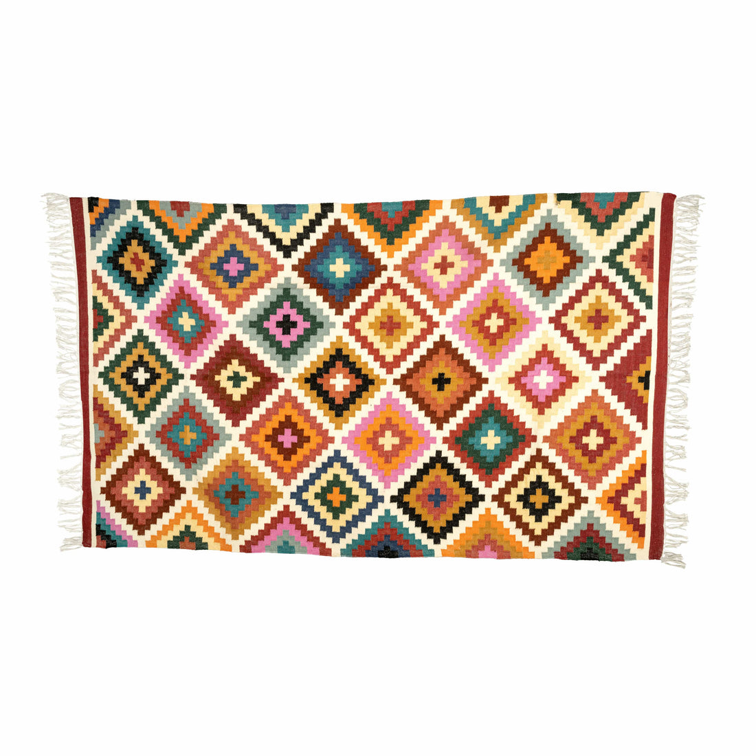Handwoven Geometric Cotton Wool Rug - Vibrant Multi-Colour Diamond Pattern