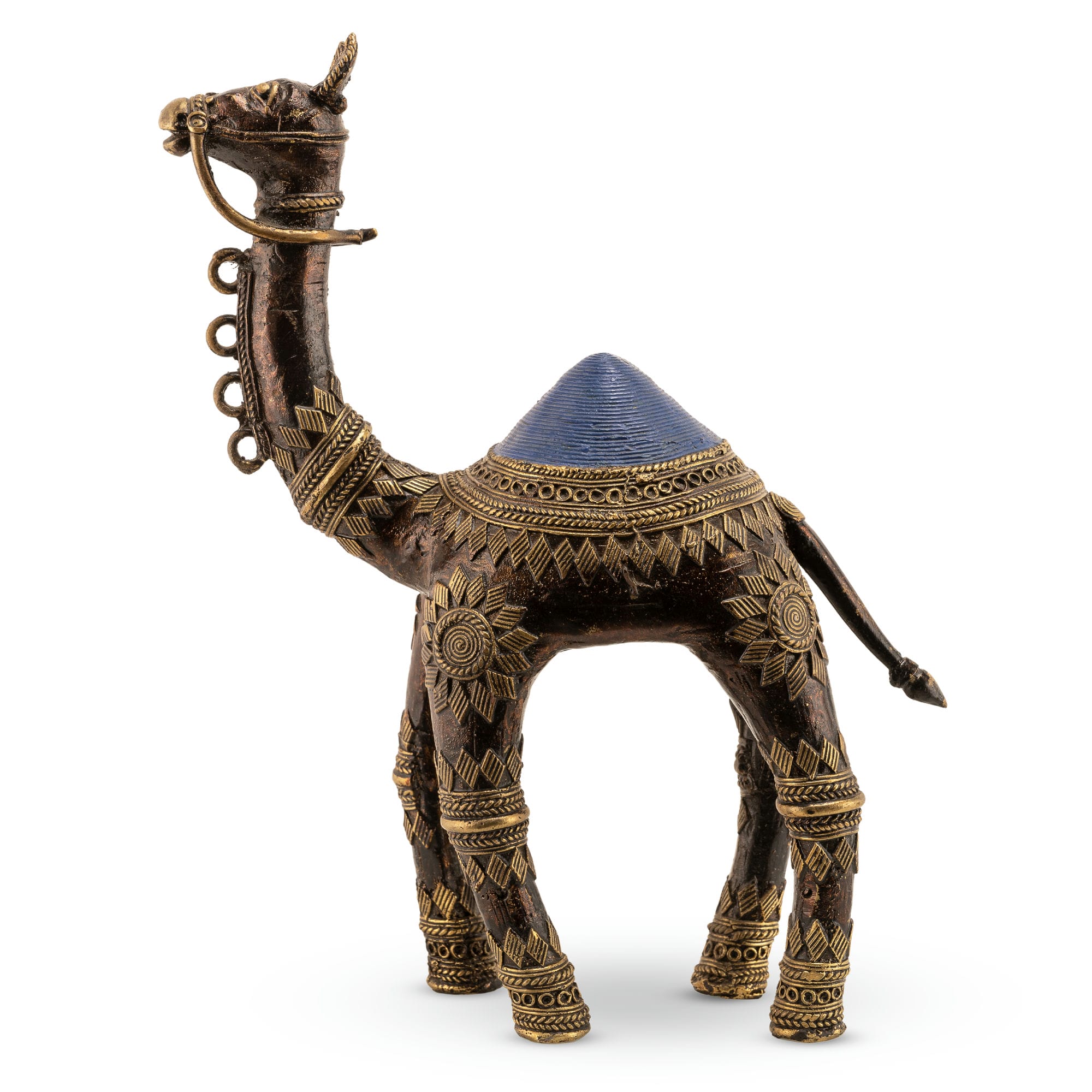 Premium metal desert wanderer statue featuring deep sunburst etchings for a wooden bookshelf or office display.