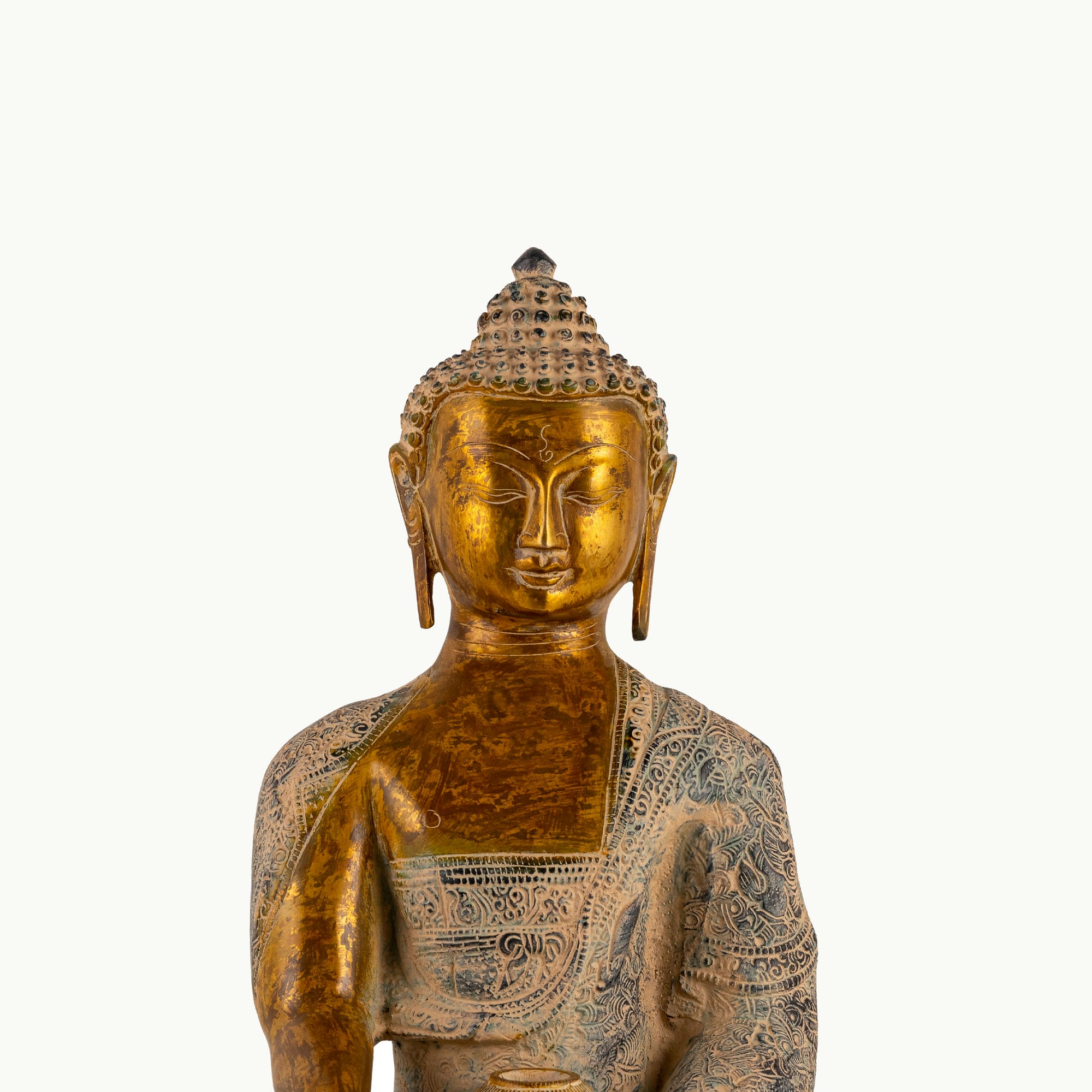 Patterned Brass Bhumisparsha Buddha Statue touching the earth for a sunlit atrium. 