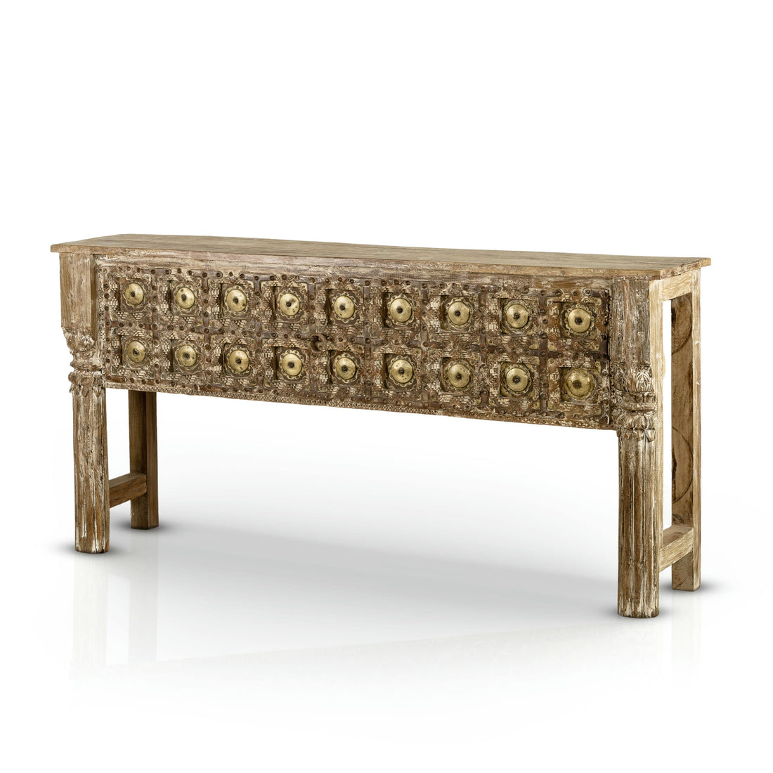 Distressed Wood Rustic Console with Brass Medallions