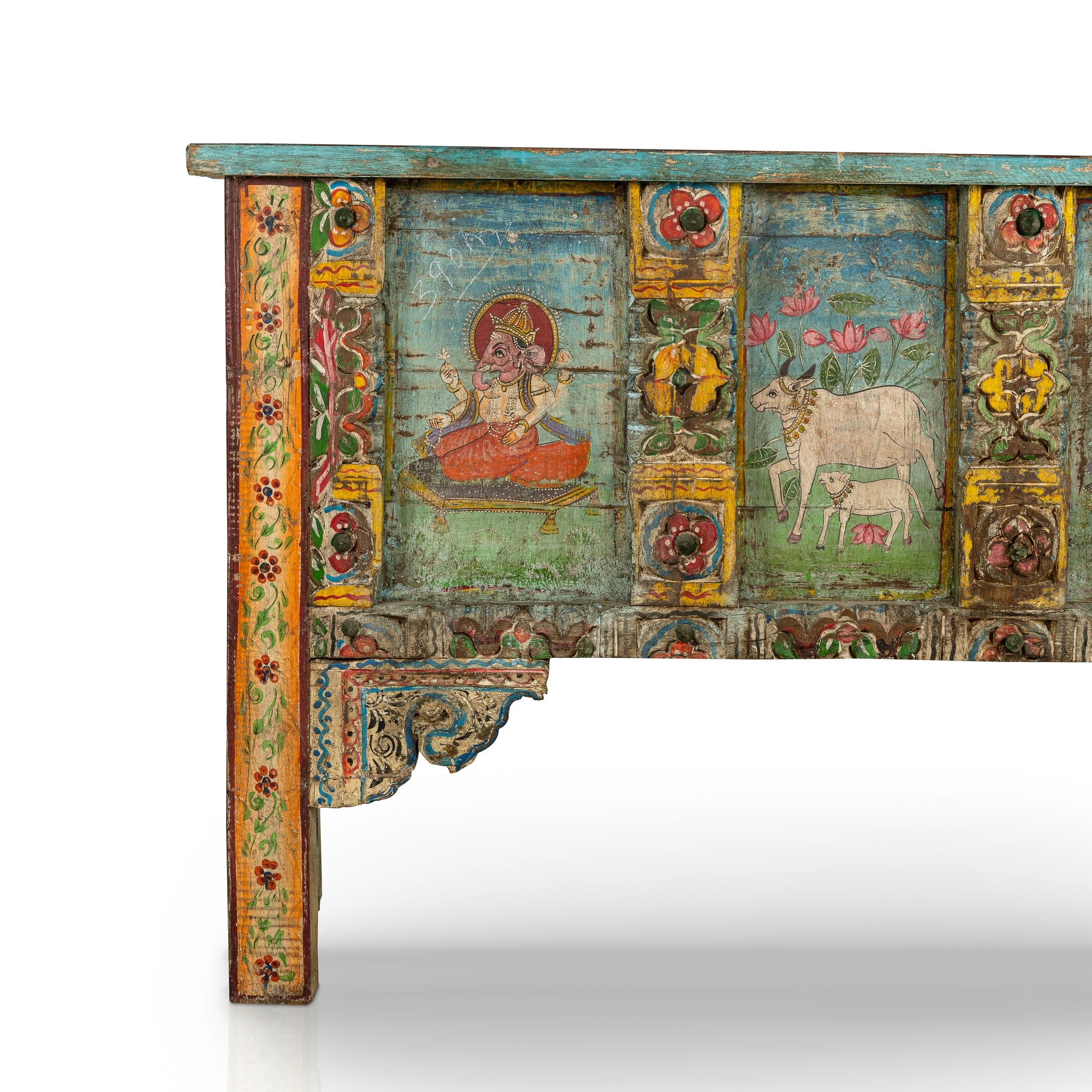 Painted Wood Distressed Antique Low Cabinet with Devotional Panels