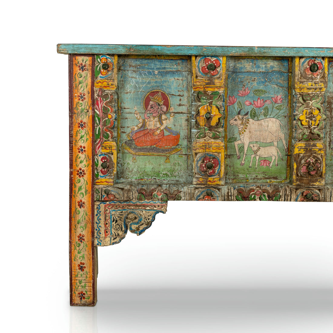 Painted Wood Distressed Antique Low Cabinet with Devotional Panels