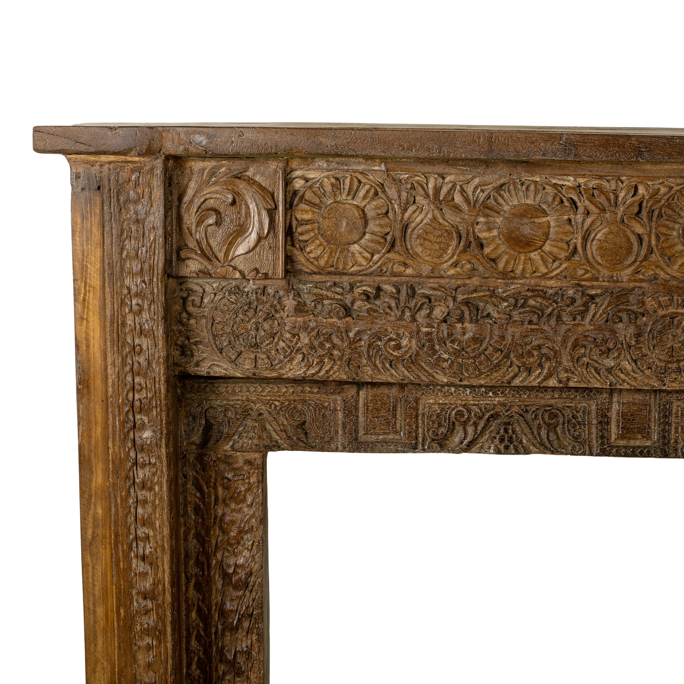 Carved Wood Antique Low Console with Floral Relief and Central Medallion