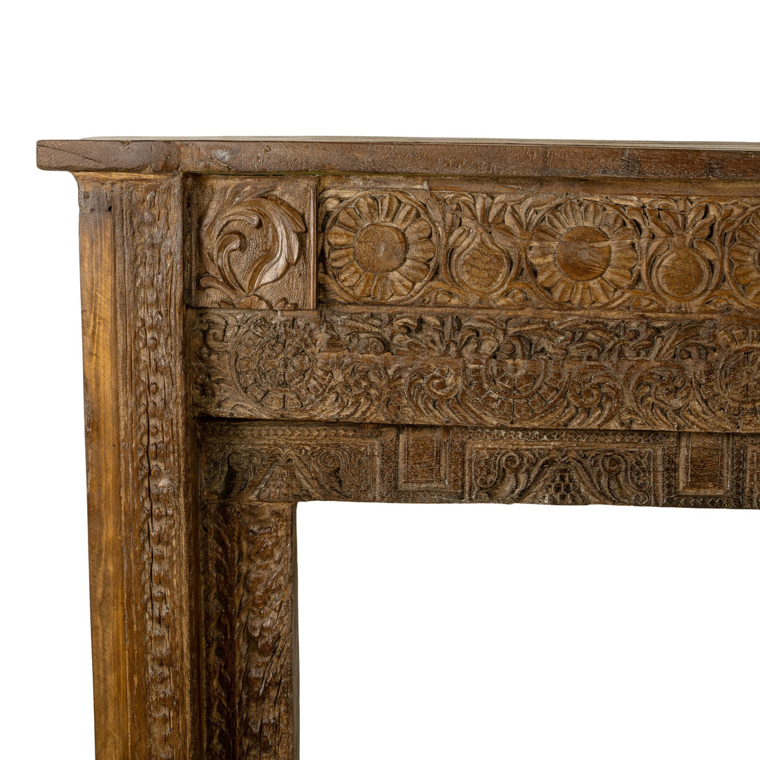 Carved Wood Antique Low Console with Floral Relief and Central Medallion