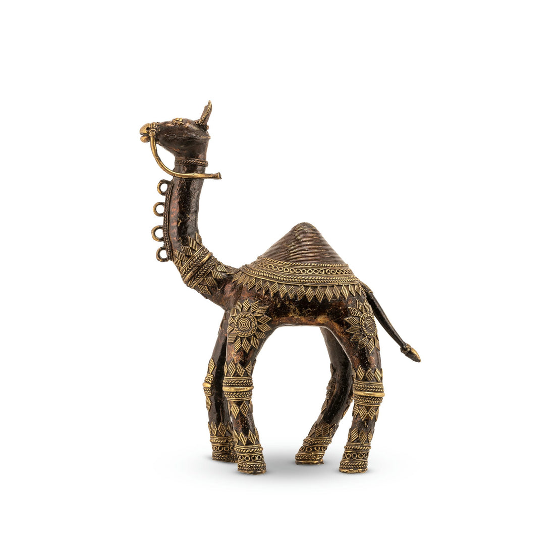 Oxidised Brass Camel Statue with geometric engravings on an executive desk. 