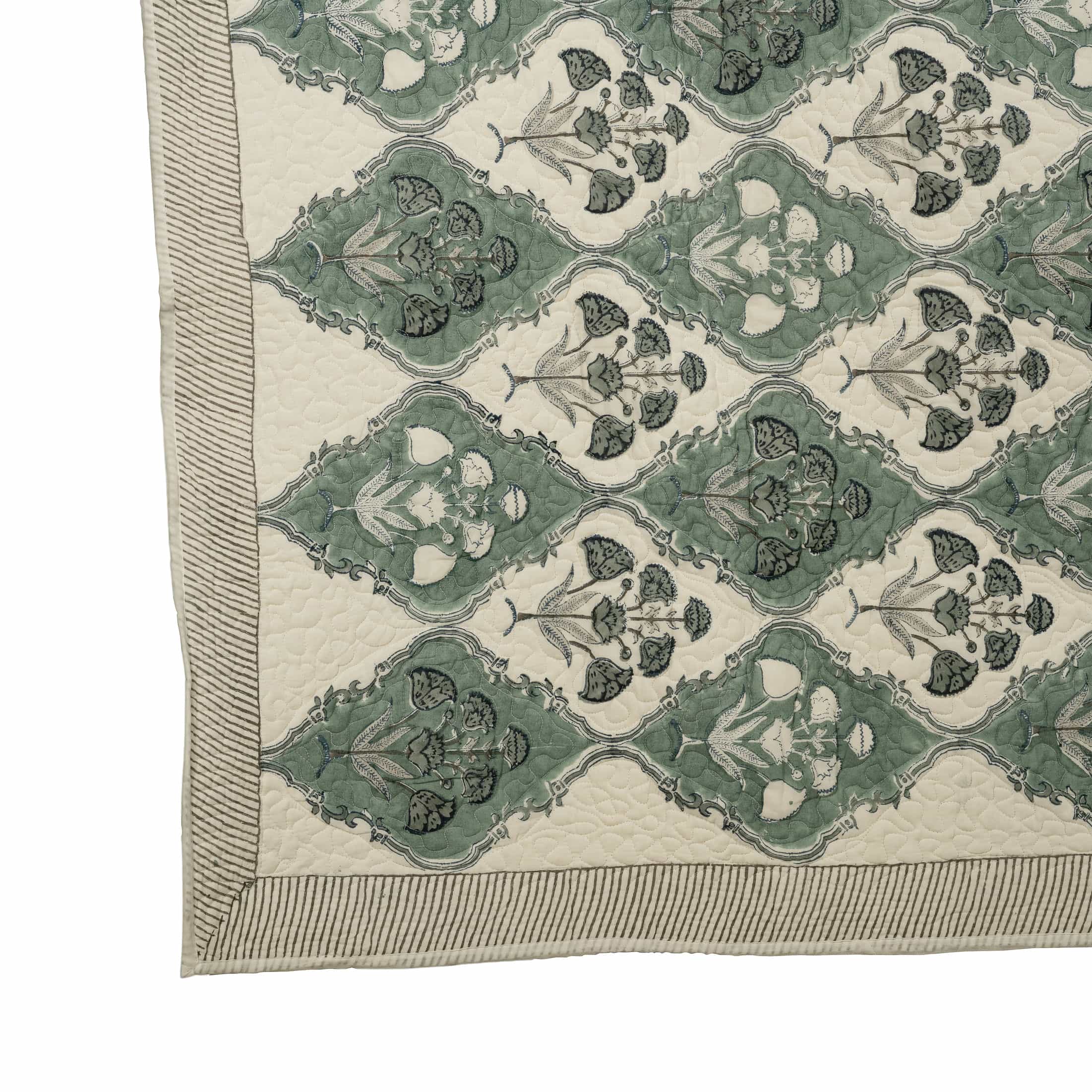 Hand-block printed faded aqua and grey ikat lattice coverlet
