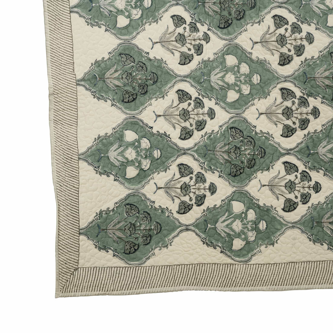 Hand-block printed faded aqua and grey ikat lattice coverlet