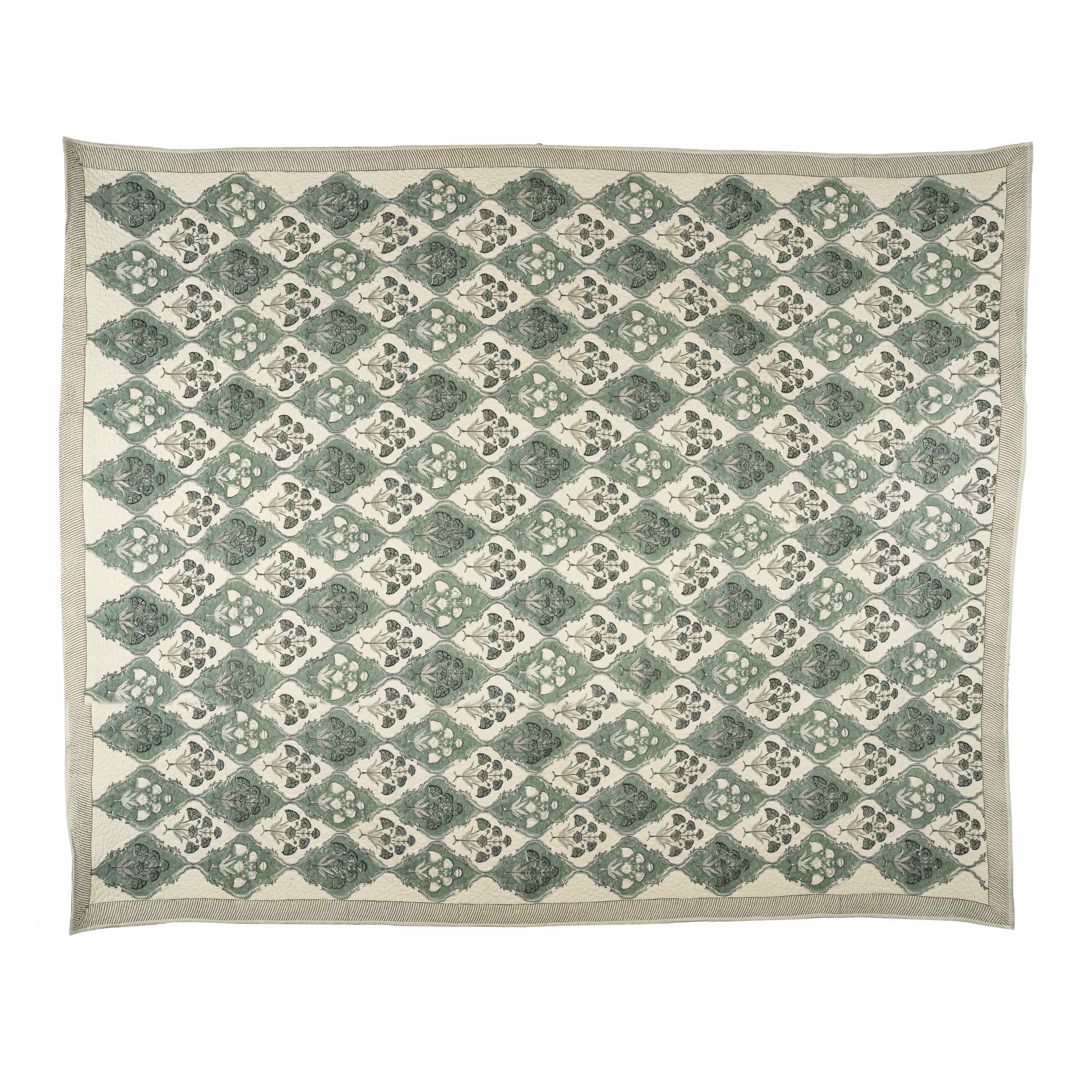 Hand-block printed faded aqua and grey ikat lattice coverlet