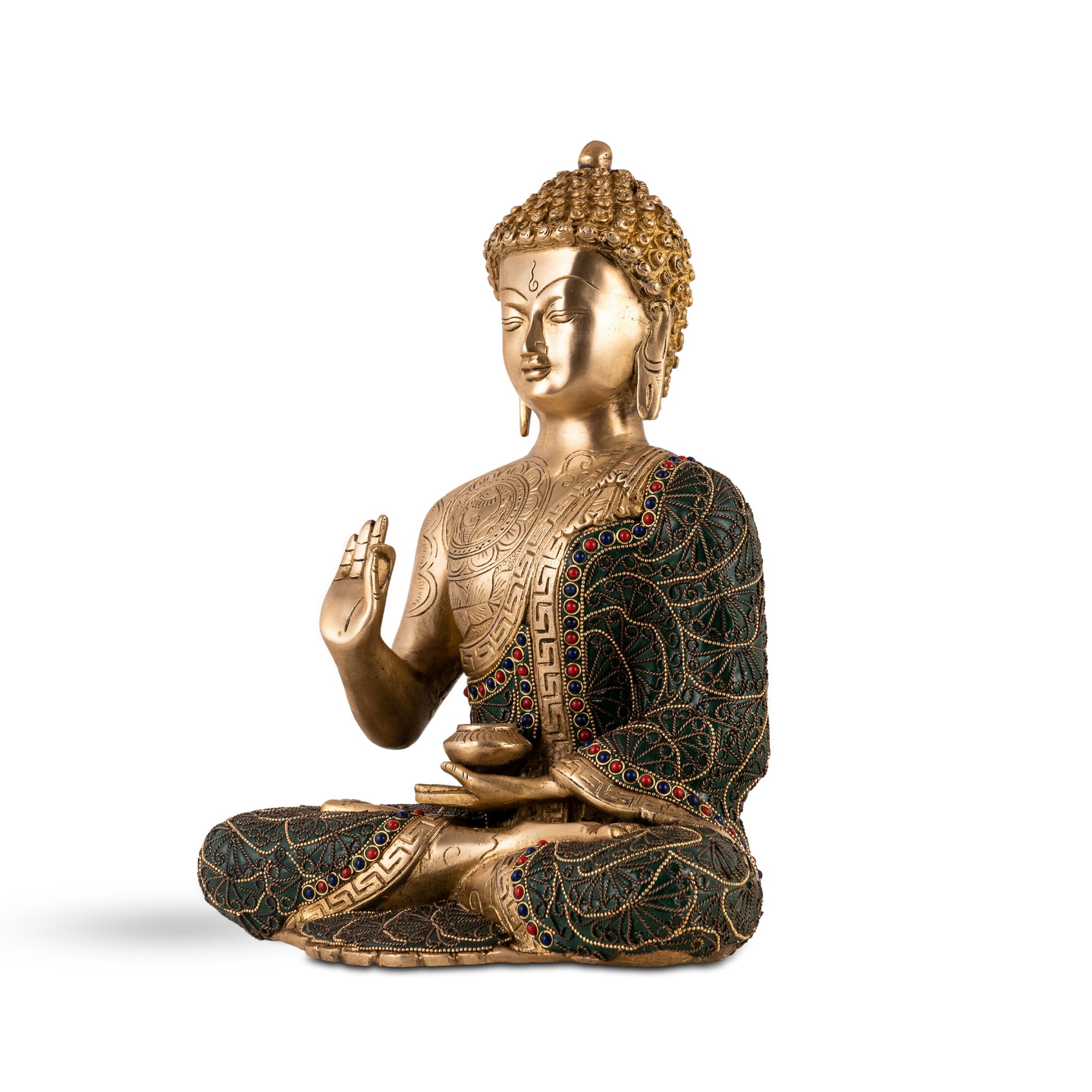Premium Tibetan meditation idol showing the Abhaya mudra with lapis accents for a quiet study or mindful workspace decor
