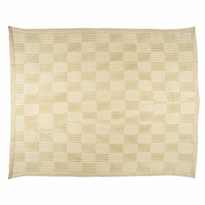 Chevron block-print cotton bedcover featuring a golden-mustard zigzag pattern and interlocking borders.