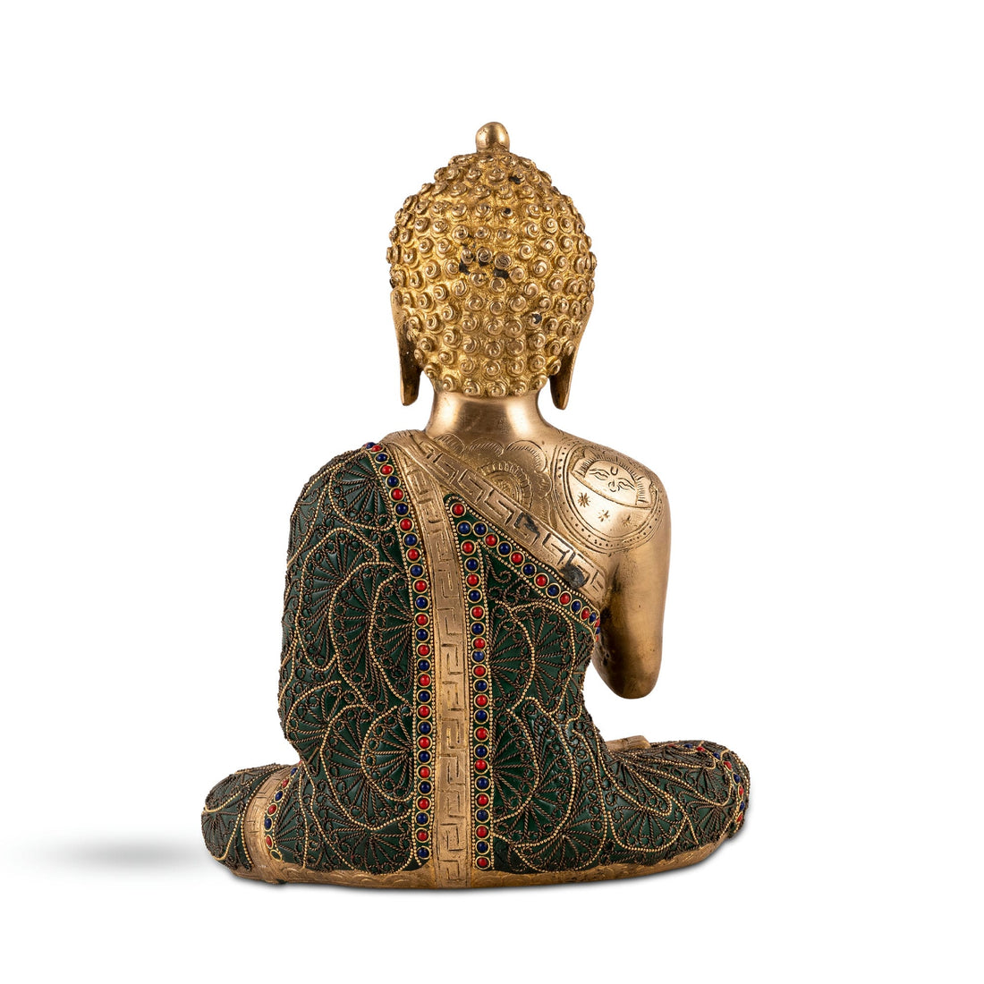 Premium Tibetan meditation idol showing the Abhaya mudra with lapis accents for a quiet study or mindful workspace decor