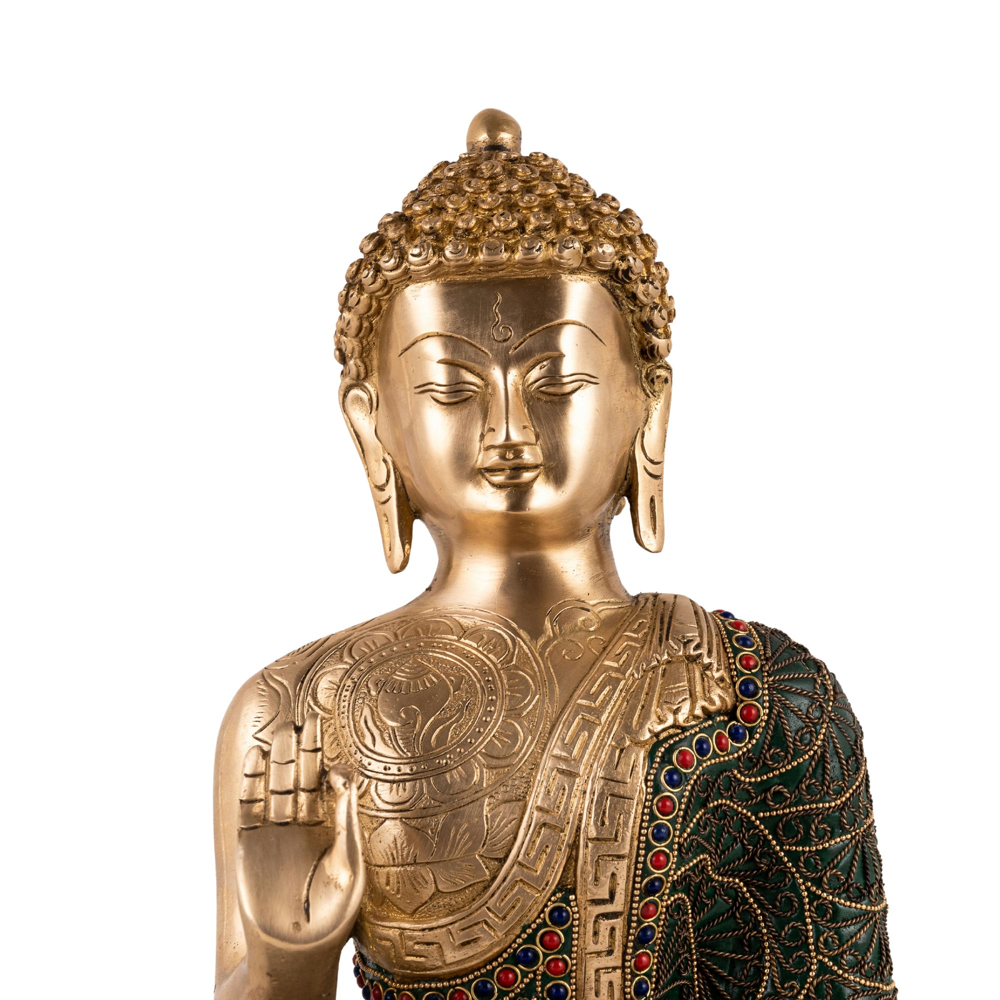 Premium Tibetan meditation idol showing the Abhaya mudra with lapis accents for a quiet study or mindful workspace decor