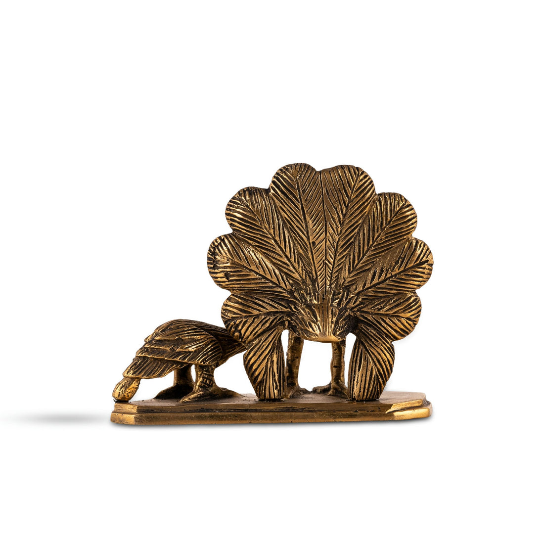 Brass Peacock Pair Sculpture in a royal courtship display on a curated bookshelf. 