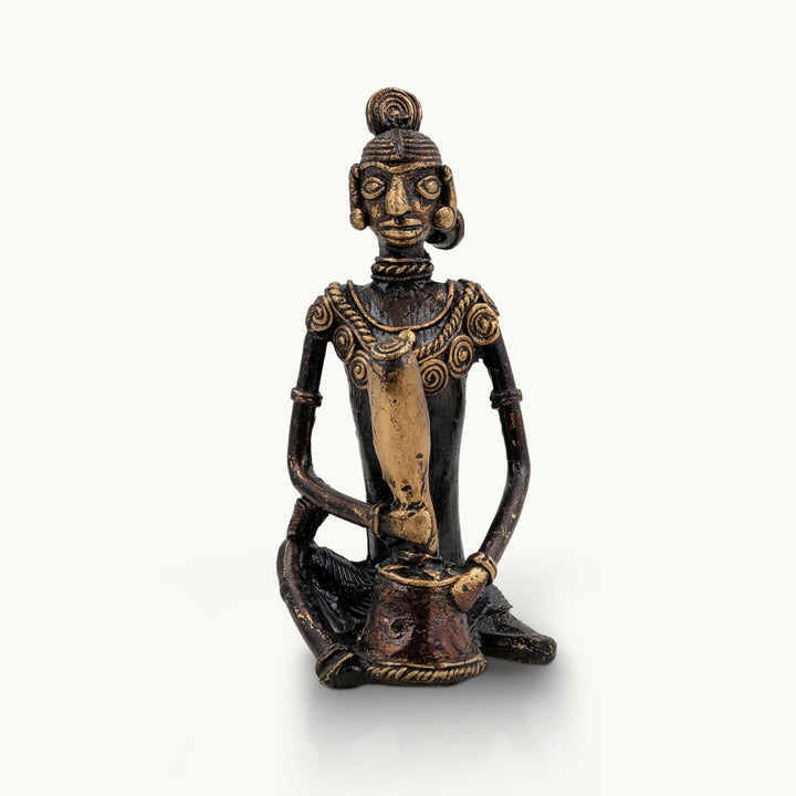 Dhokra Brass Seated Tribal Drummer Figures