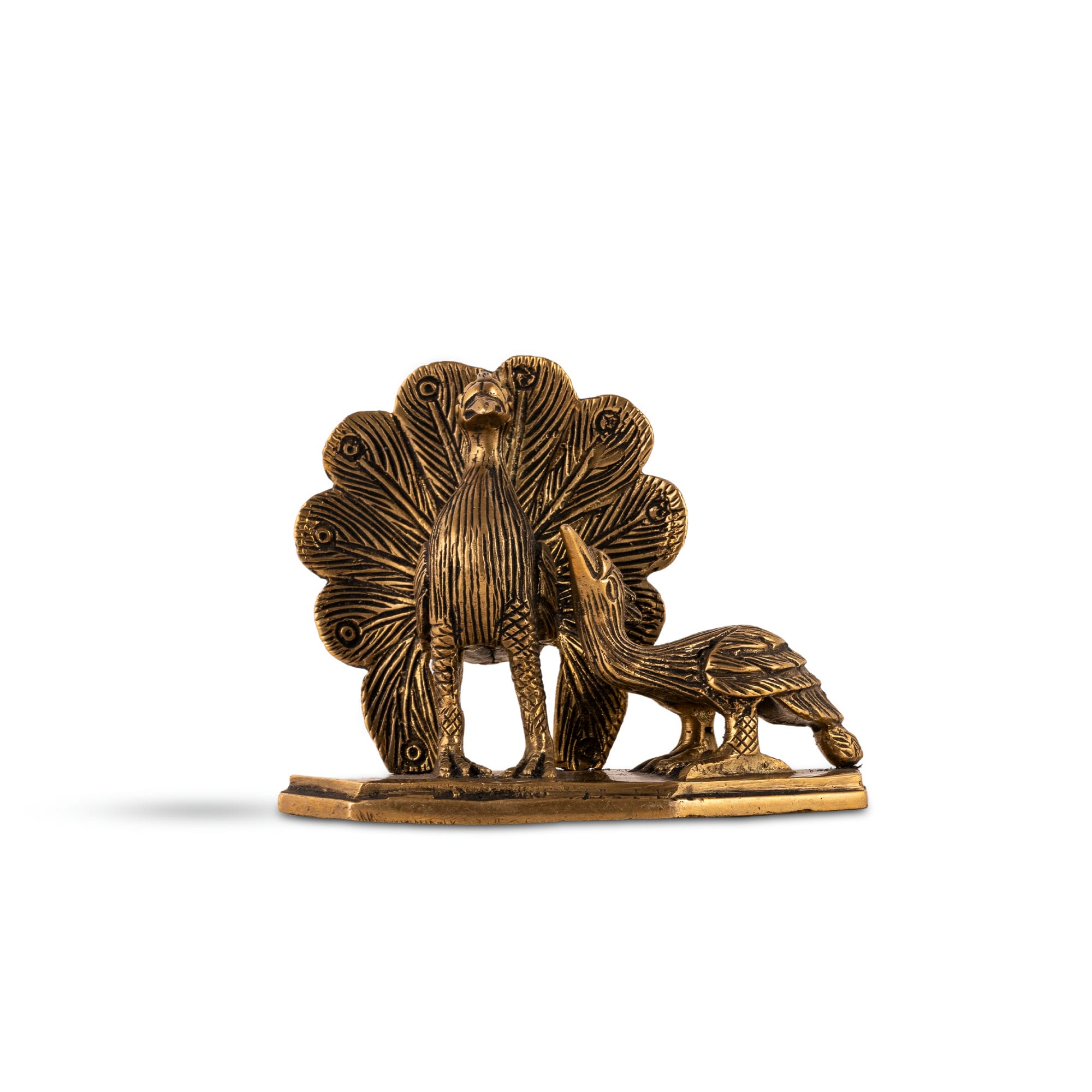 Brass Peacock Pair Sculpture in a royal courtship display on a curated bookshelf. 