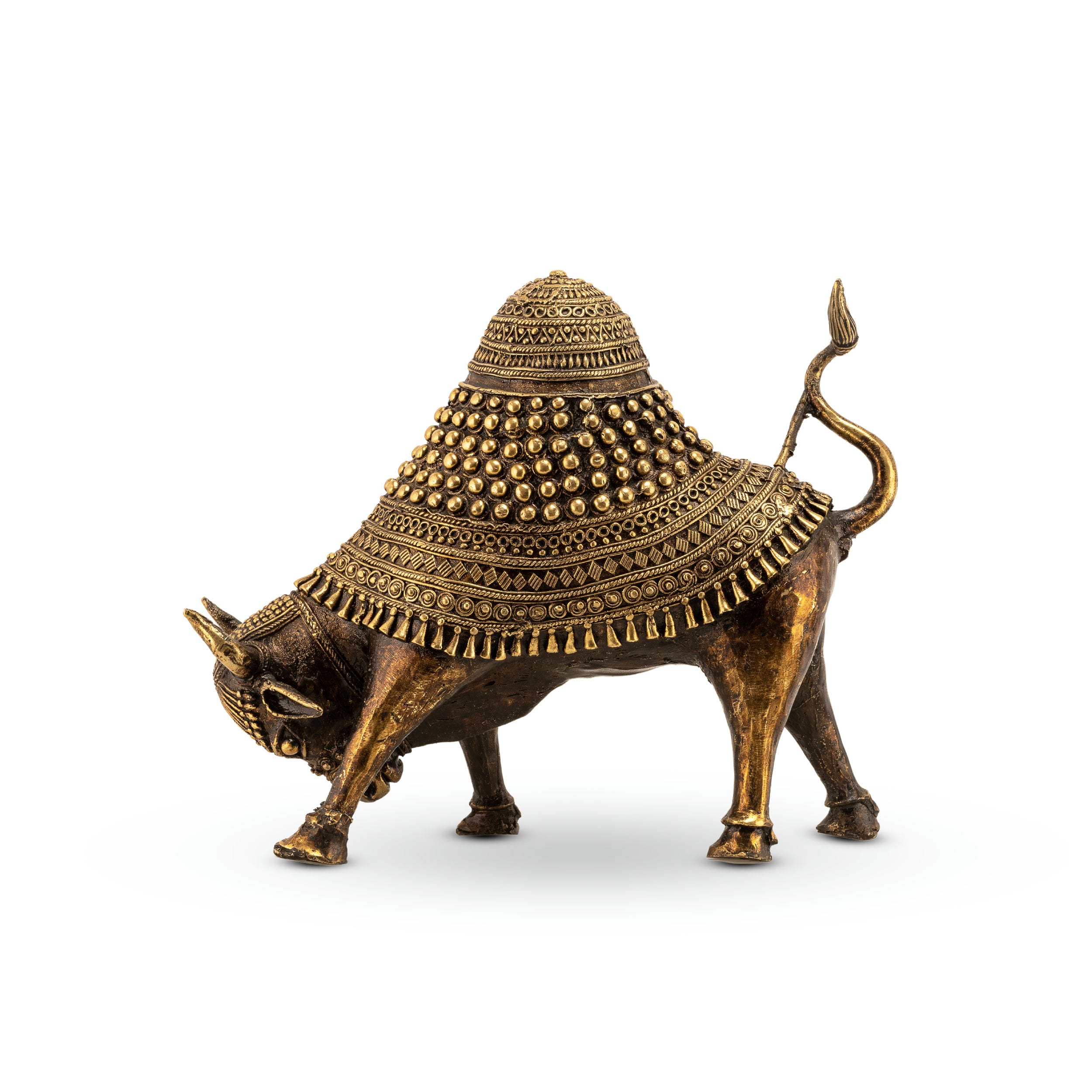 Brass Ceremonial Bull Statue in a charging stance for a study room display. 