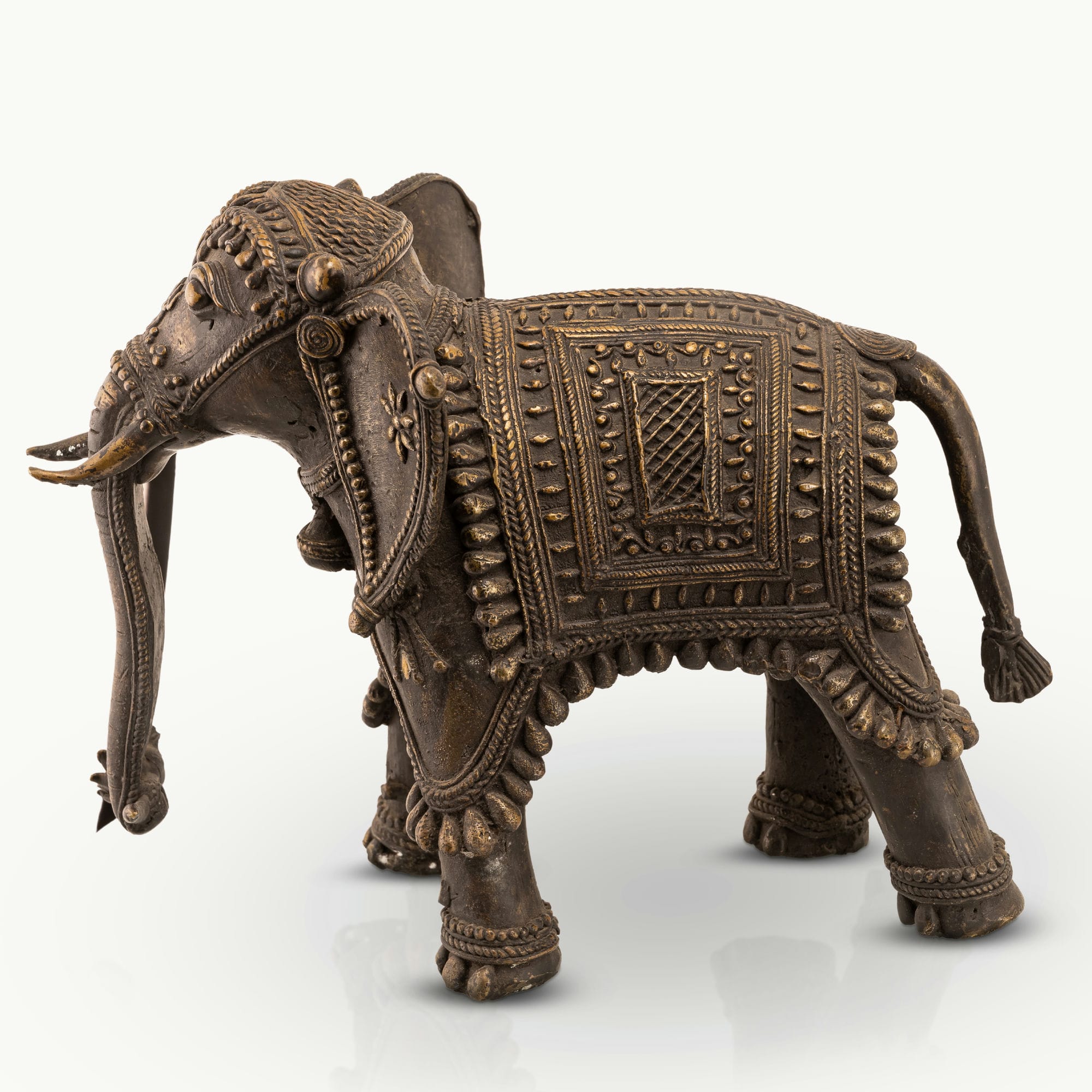 Brass Ornate Elephant Sculpture with a downward-curving trunk for a solid mahogany desk. 