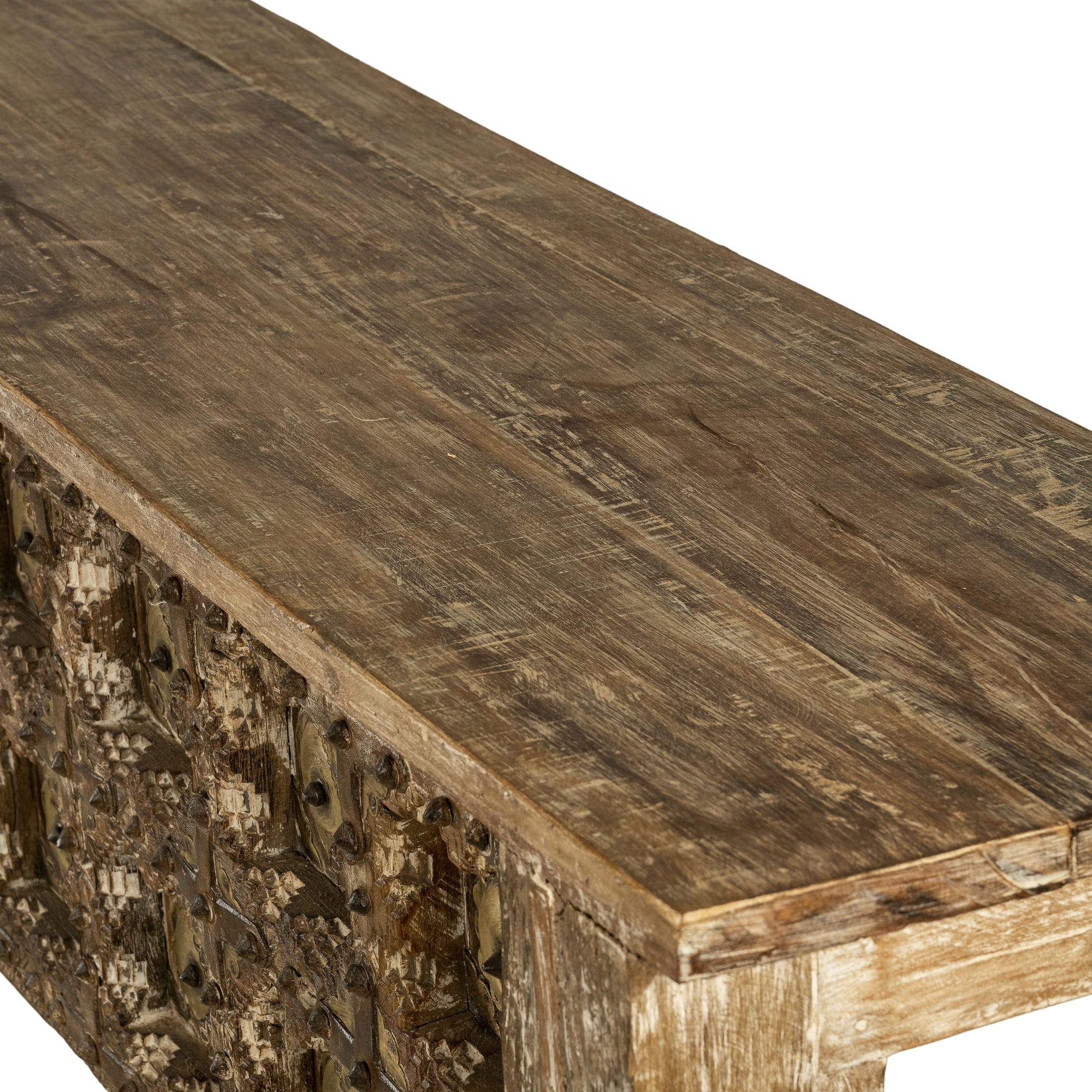 Distressed Wood Rustic Console with Brass Medallions